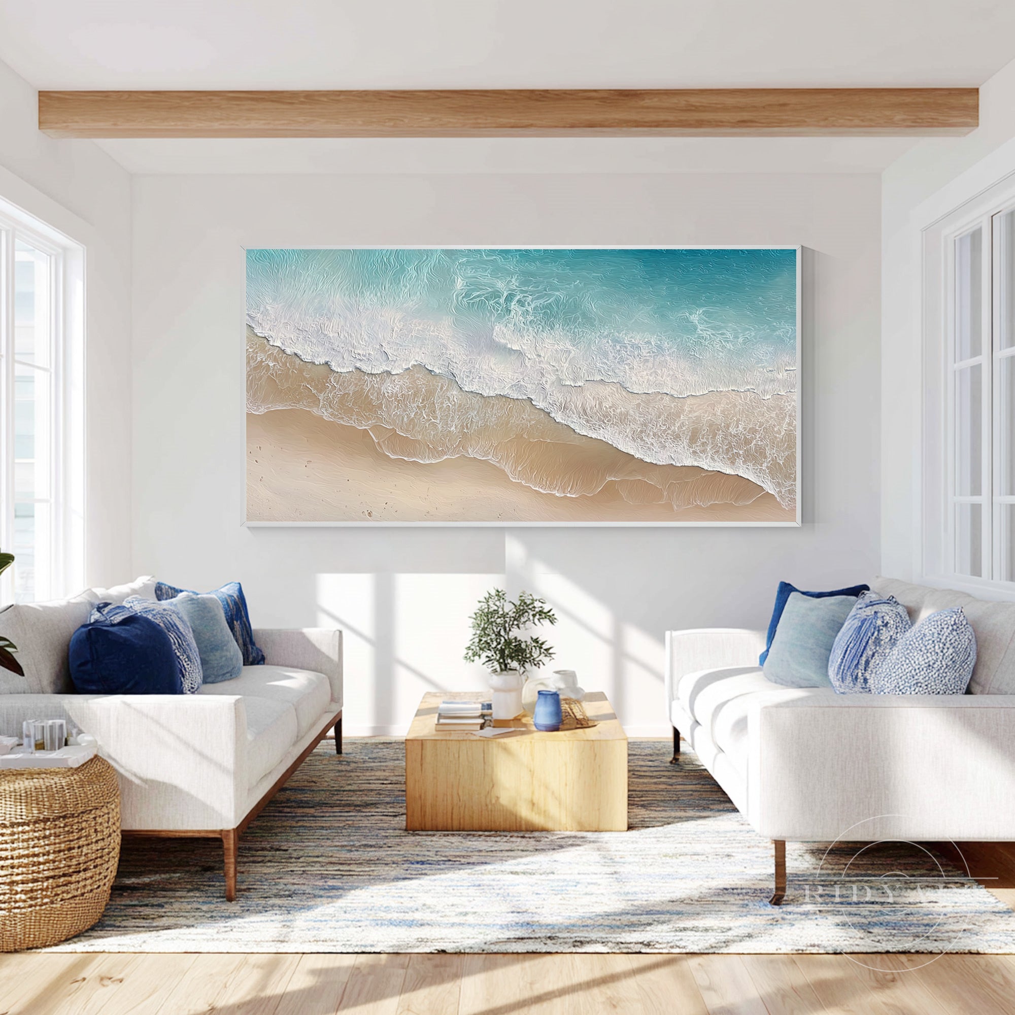 modern coastal wall art teal blue beige canvas