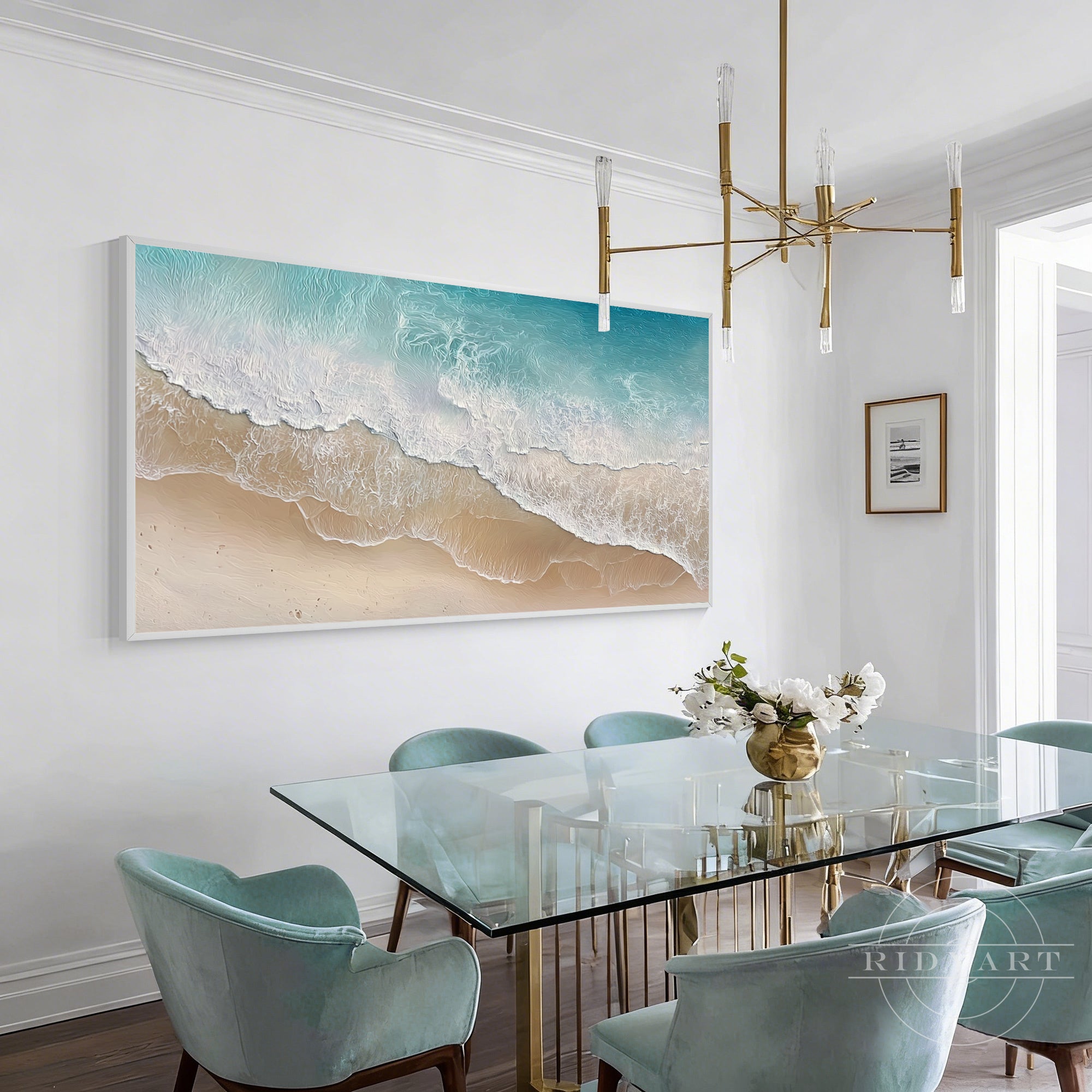 abstract coastal canvas teal beige living room decor