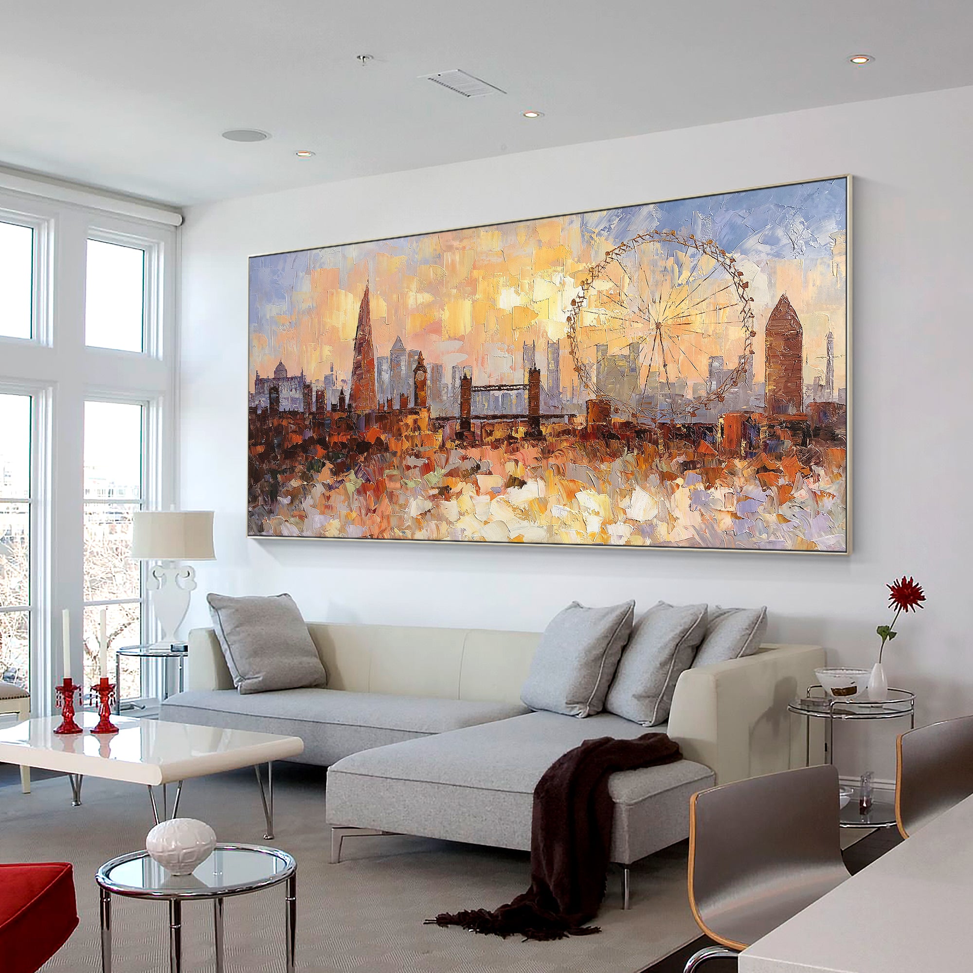 Vibrant orange oil painting of a London cityscape