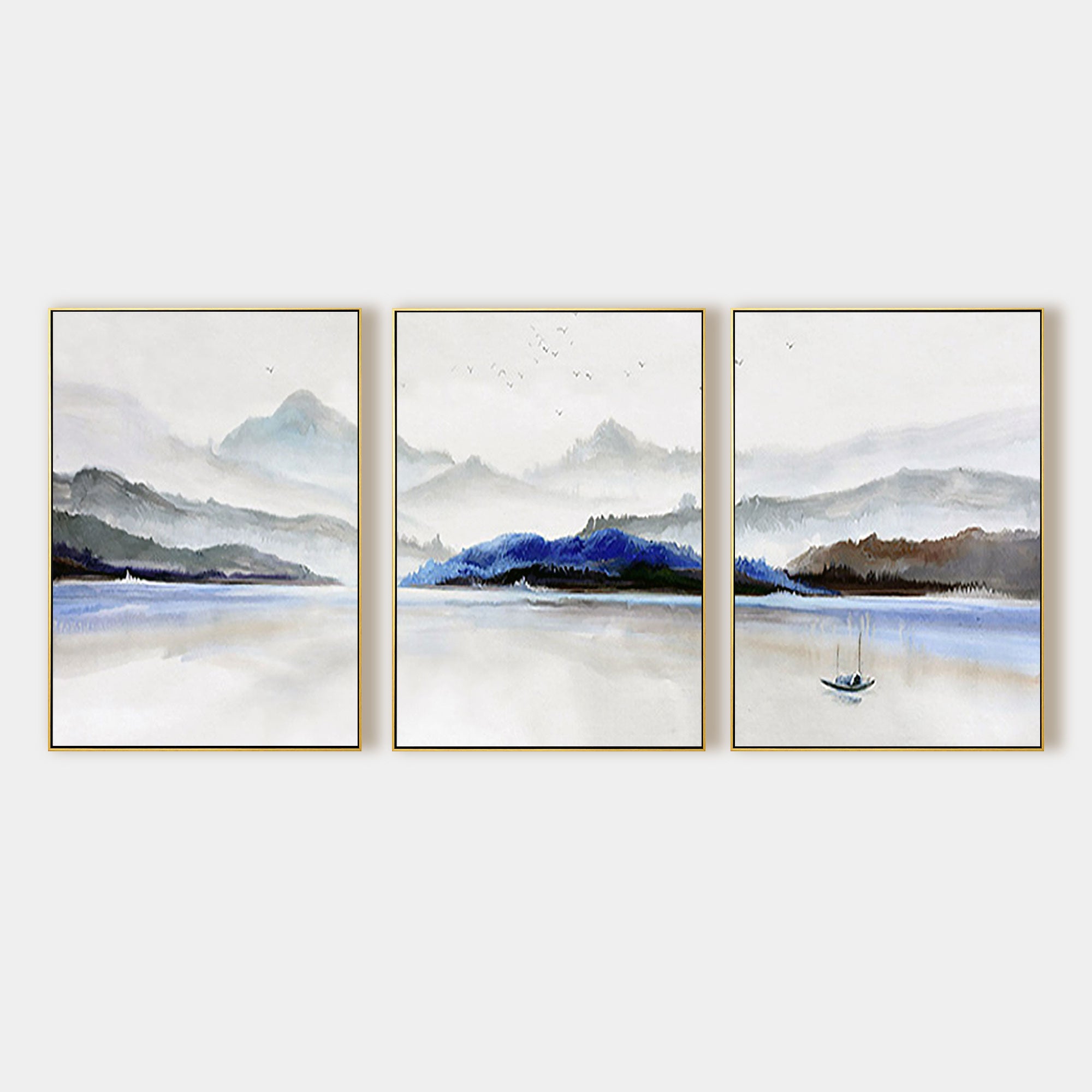 Set of 3 Pieces Mountain Lake Oil Painting Watercolor Art