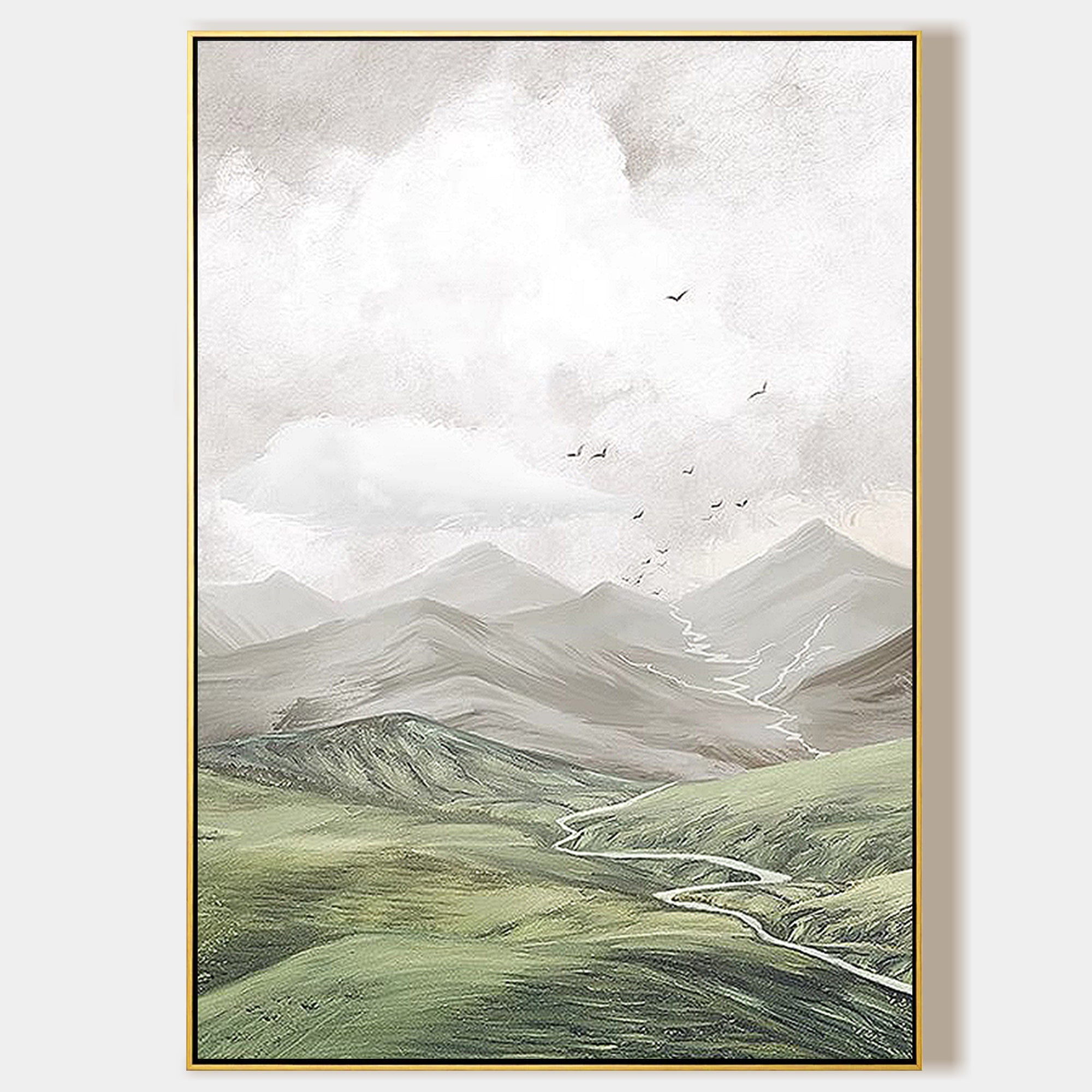 Green Mountain And Cloud Painting Neutral Scenery Art