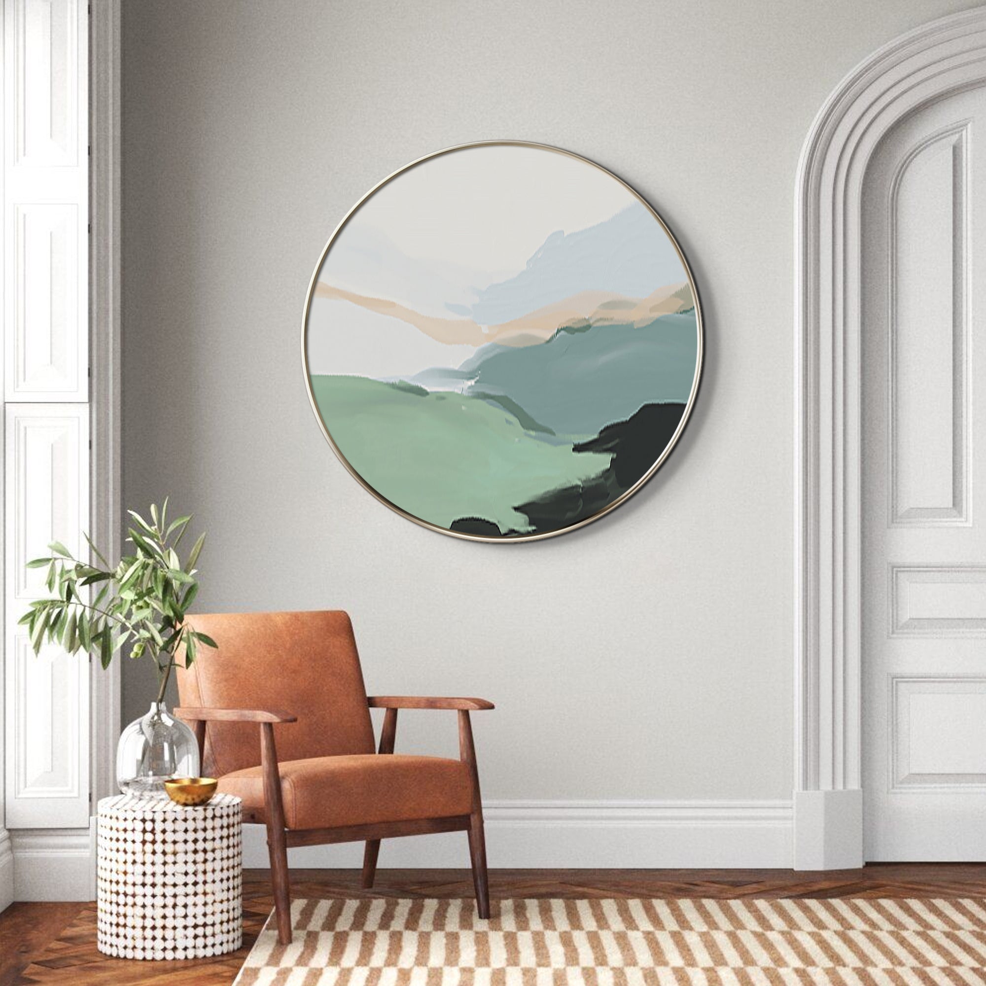 Green Abstract Landscape Painting Round Wall Art