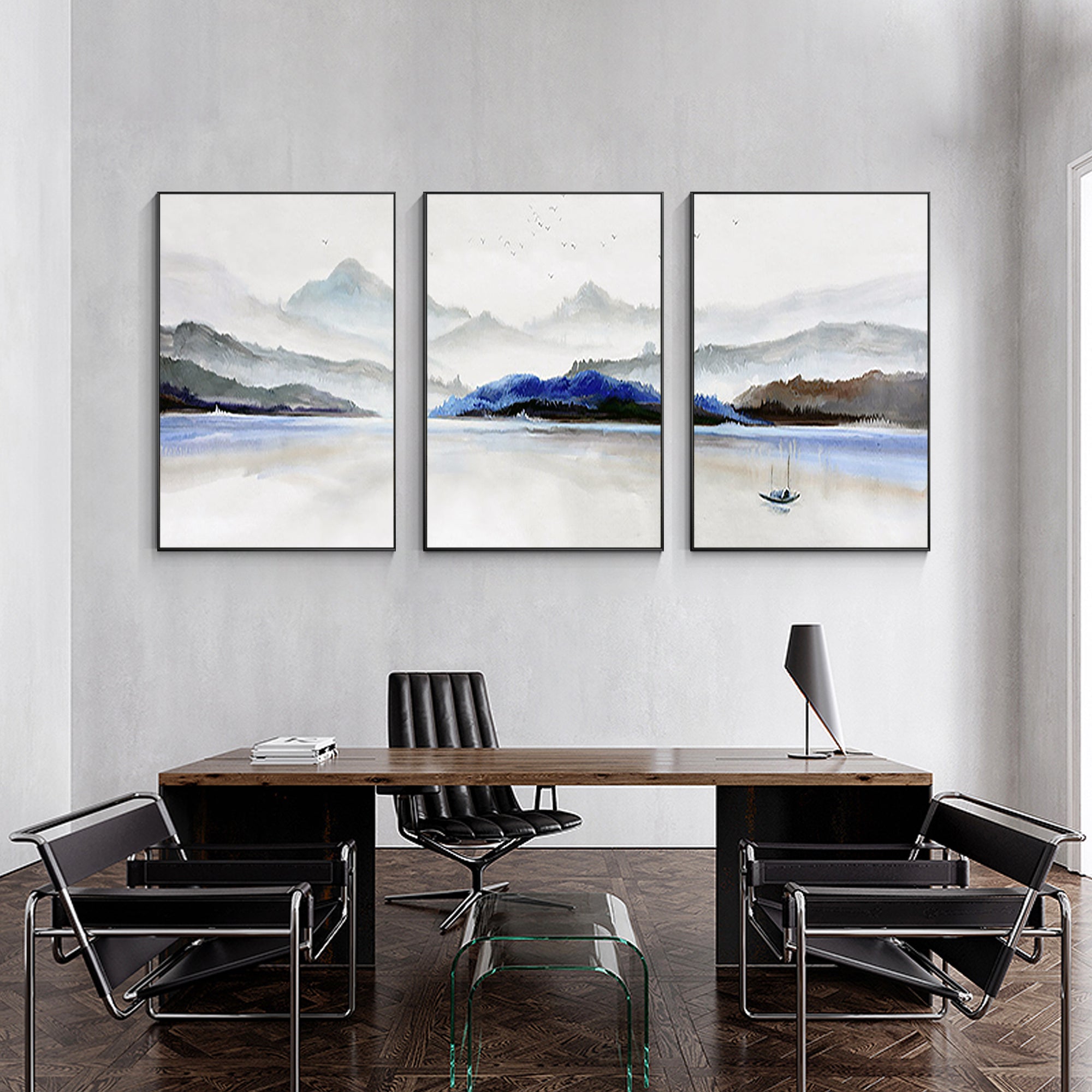 Set of 3 Pieces Mountain Lake Oil Painting Watercolor Art