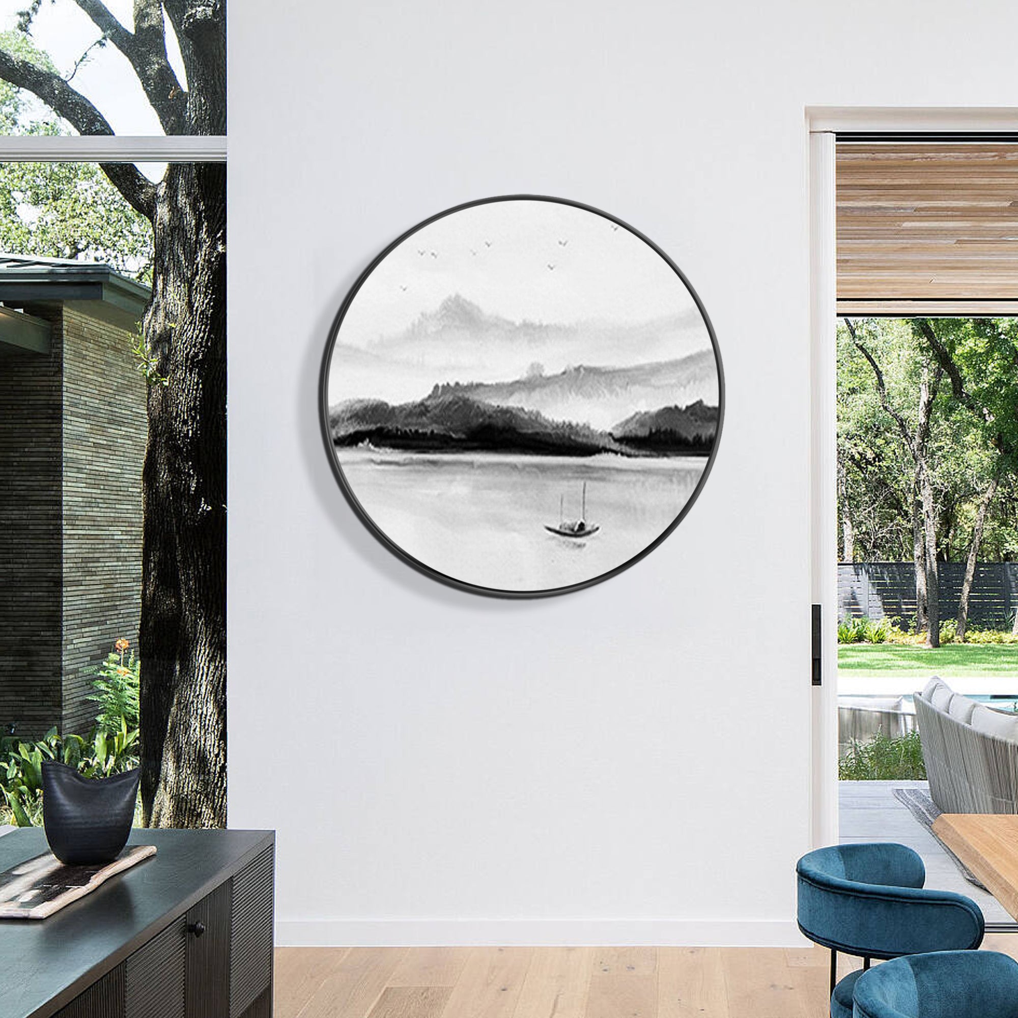 Black and White Mountain and Lake Painting Round Wall Art