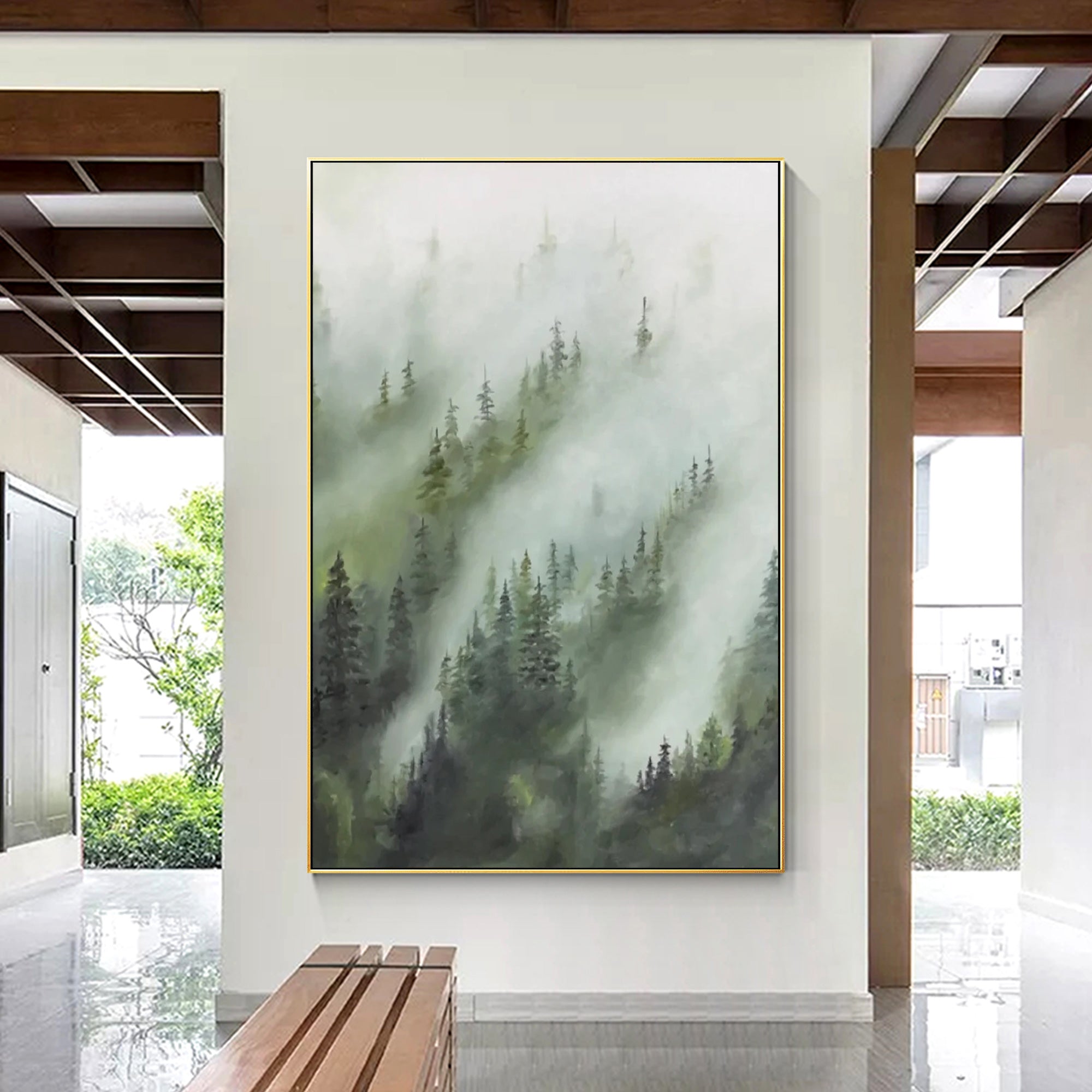 Foggy Pine Tree Landscape Oil Painting