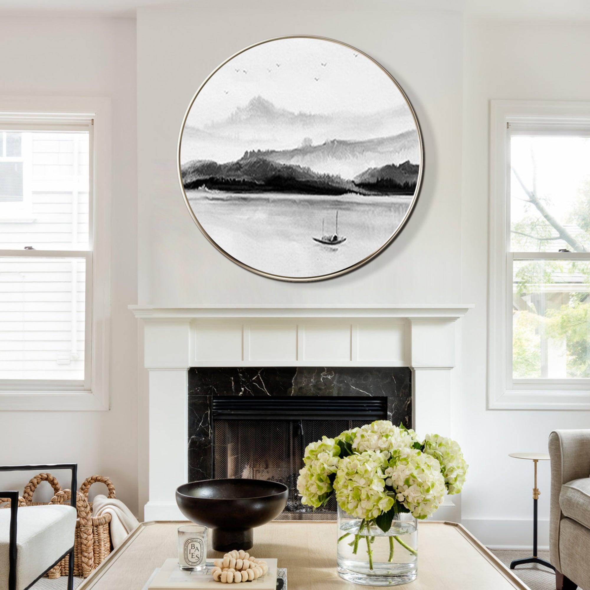 Black and White Mountain and Lake Painting Round Wall Art