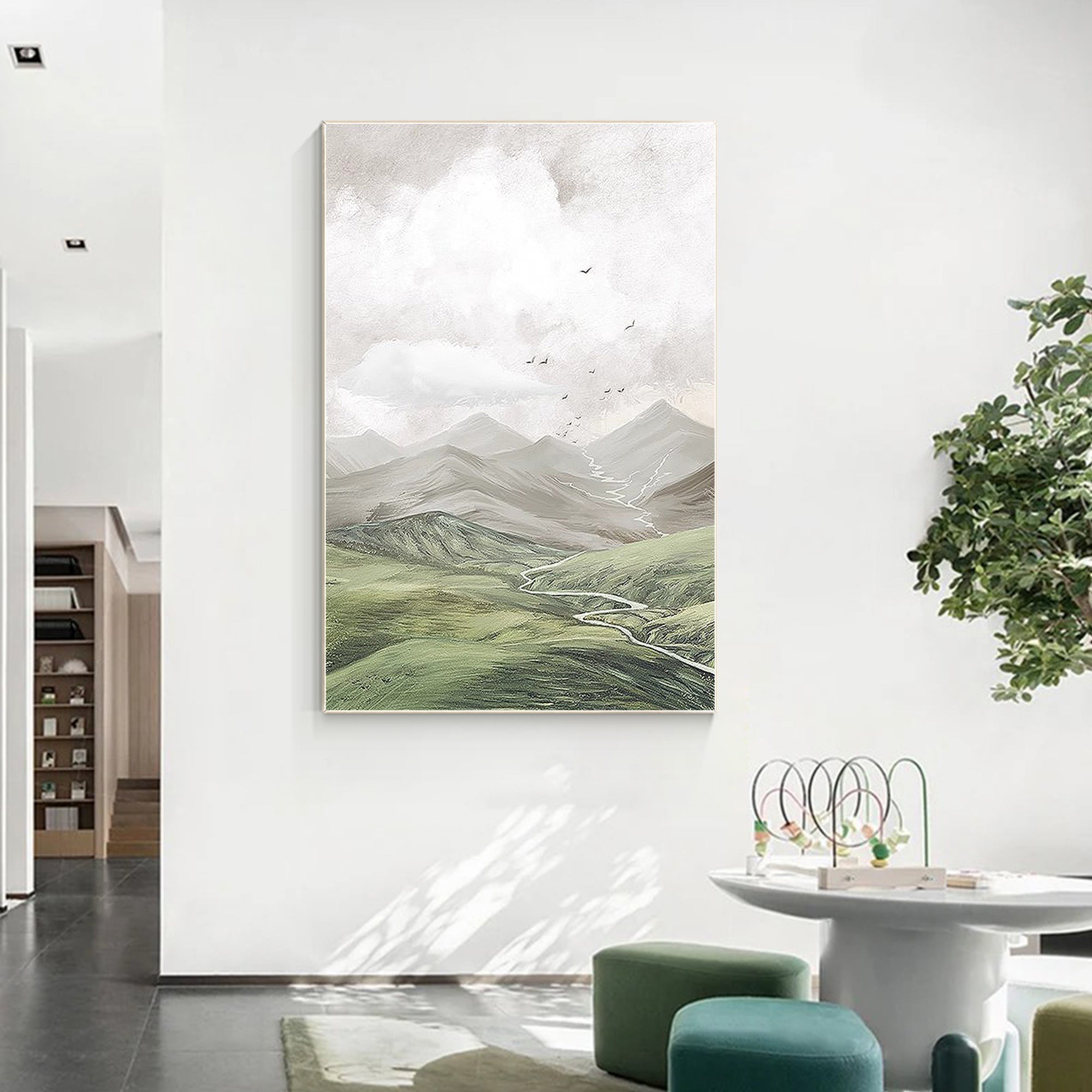 Green Mountain And Cloud Painting Neutral Scenery Art