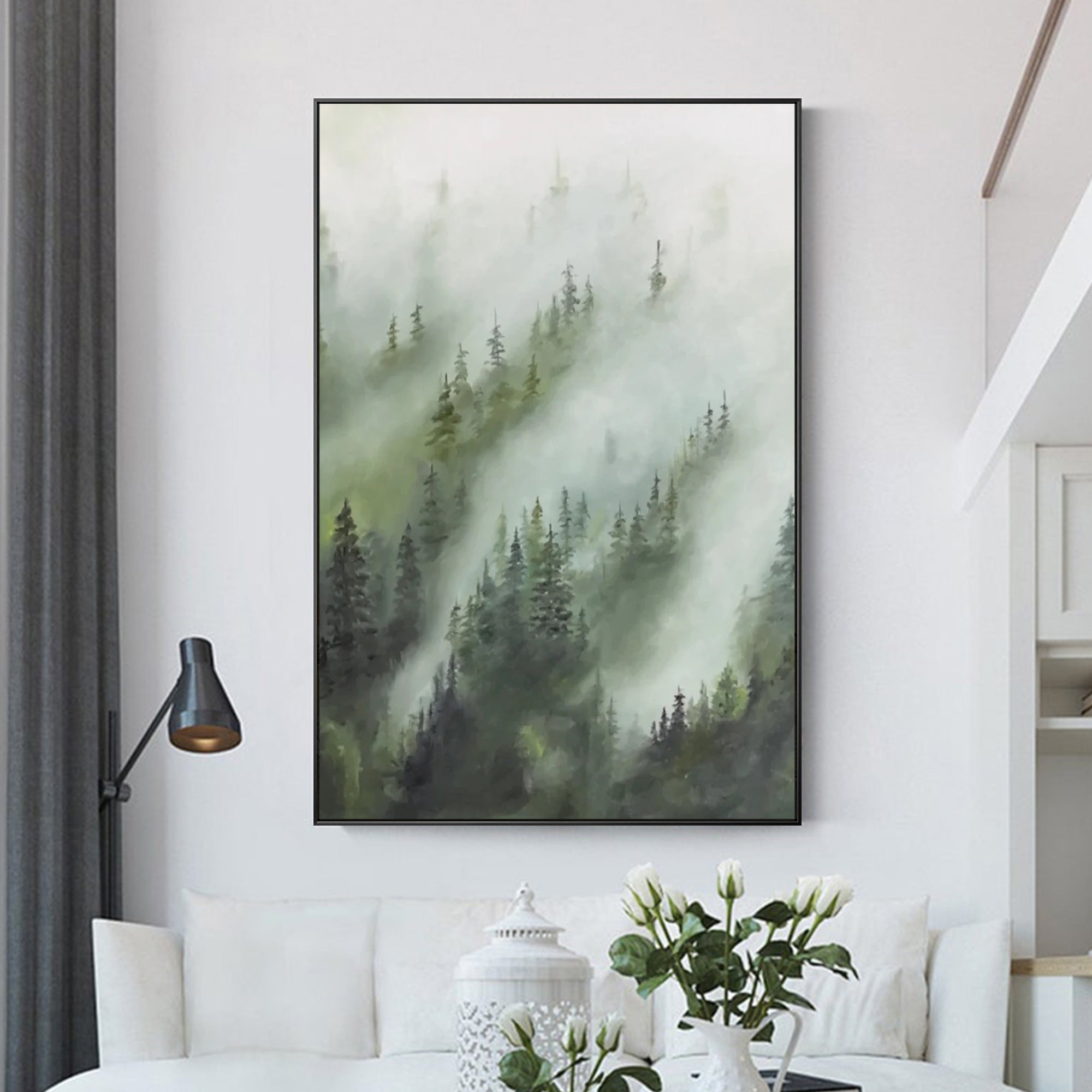 Foggy Pine Tree Landscape Oil Painting