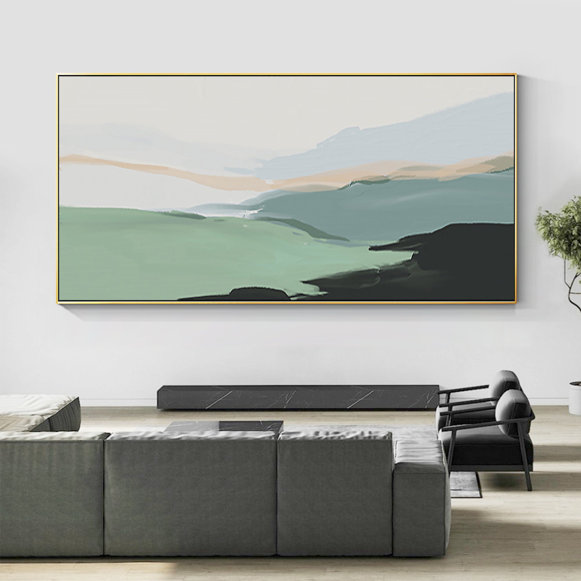 Sage Green Modern Abstract Landscape Oil Painting