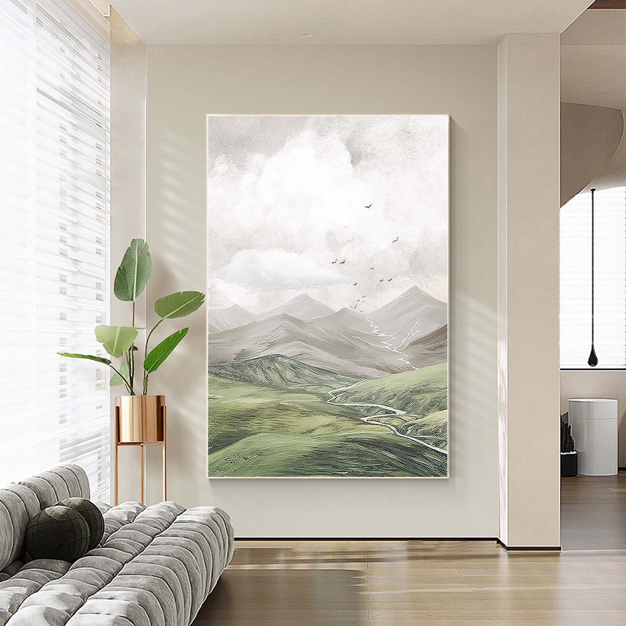 Green Mountain And Cloud Painting Neutral Scenery Art