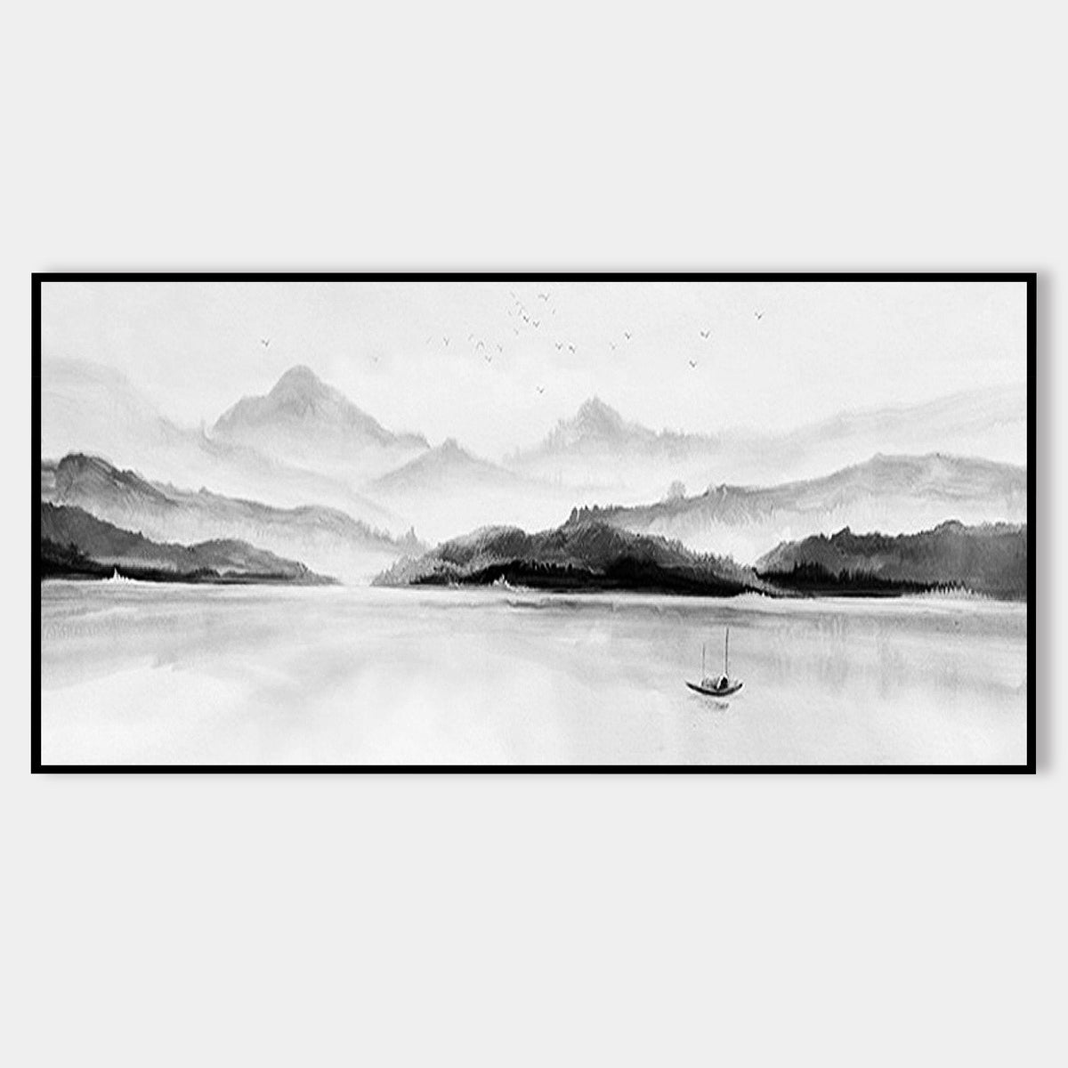 山と湖の油絵 – 白黒風景壁アート