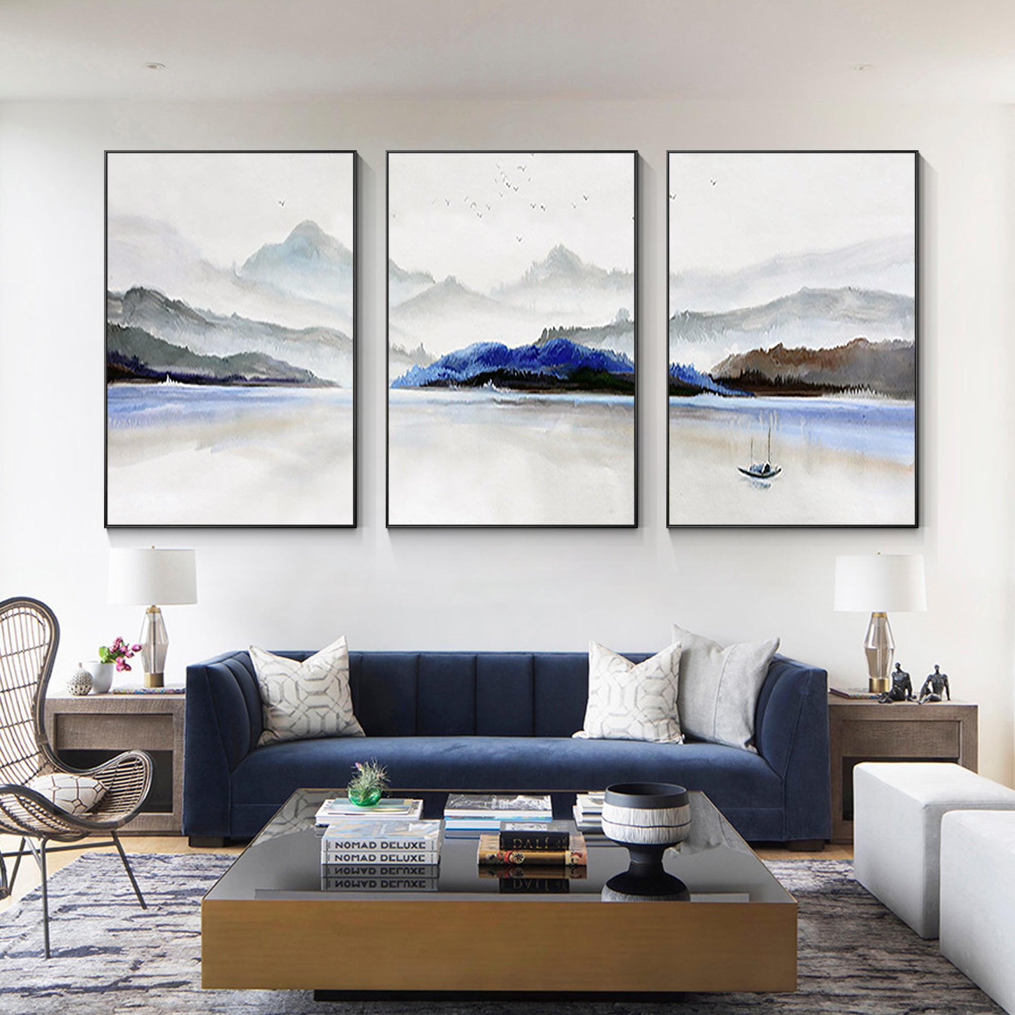 Set of 3 Pieces Mountain Lake Oil Painting Watercolor Art