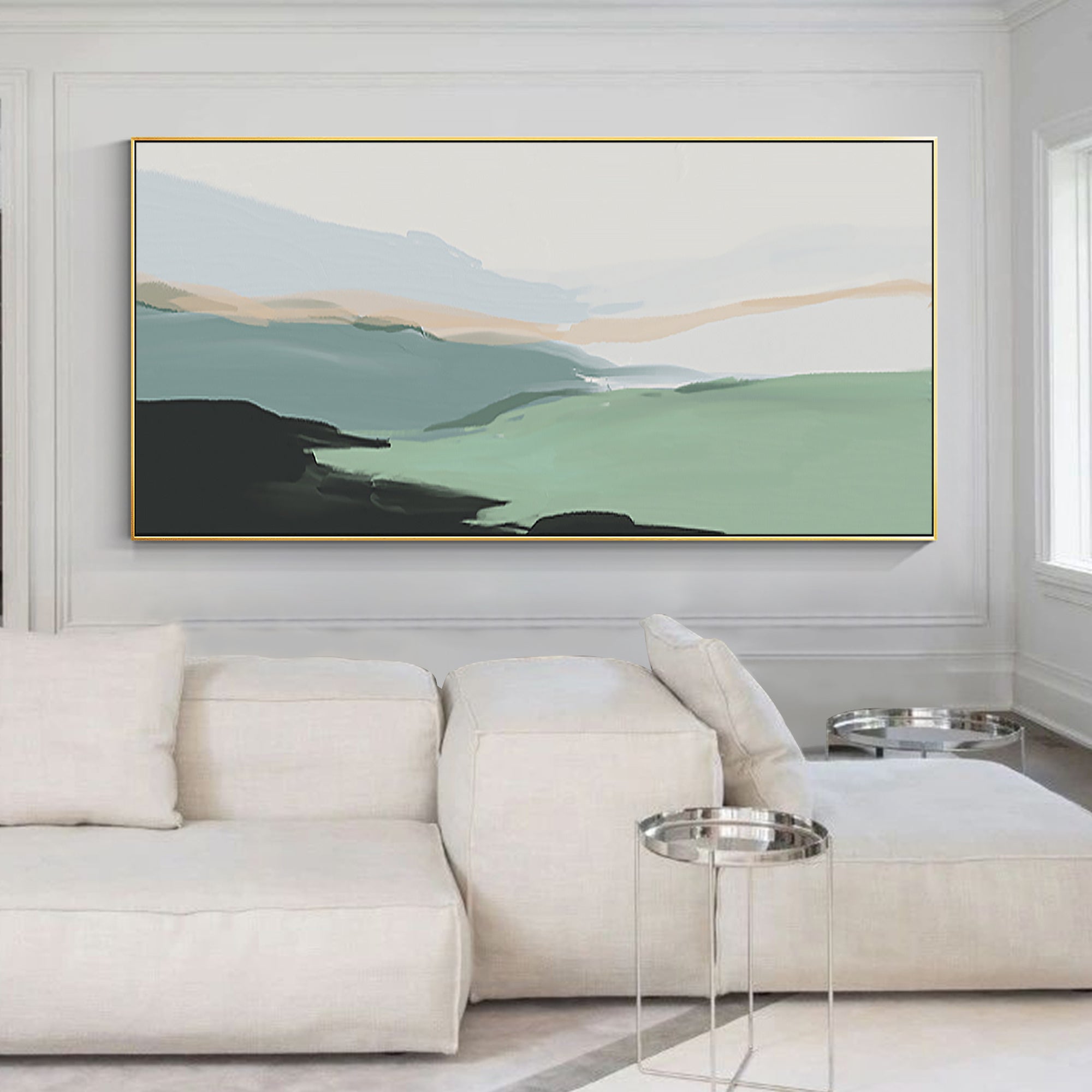 Sage Green Modern Abstract Landscape Oil Painting