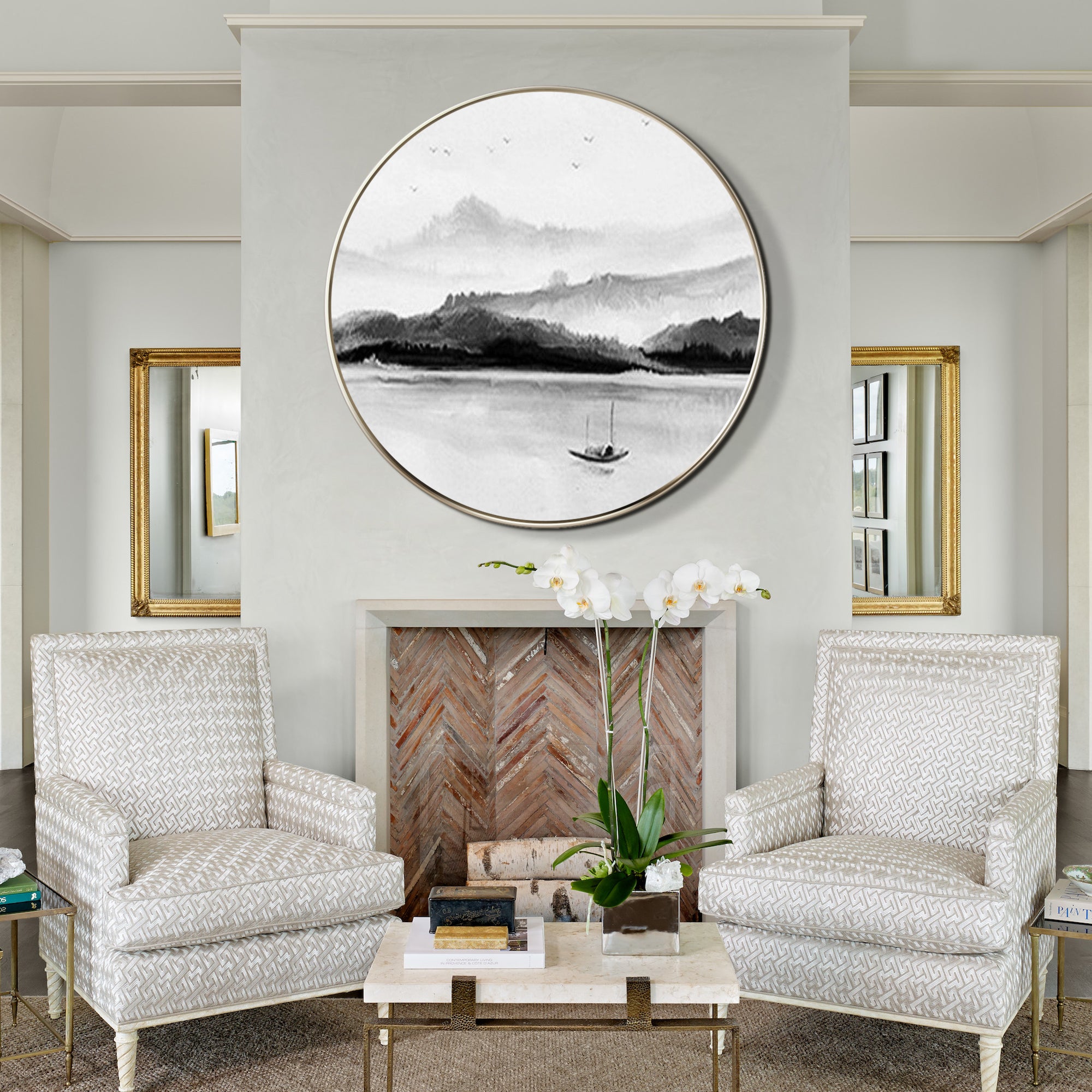 Black and White Mountain and Lake Painting Round Wall Art