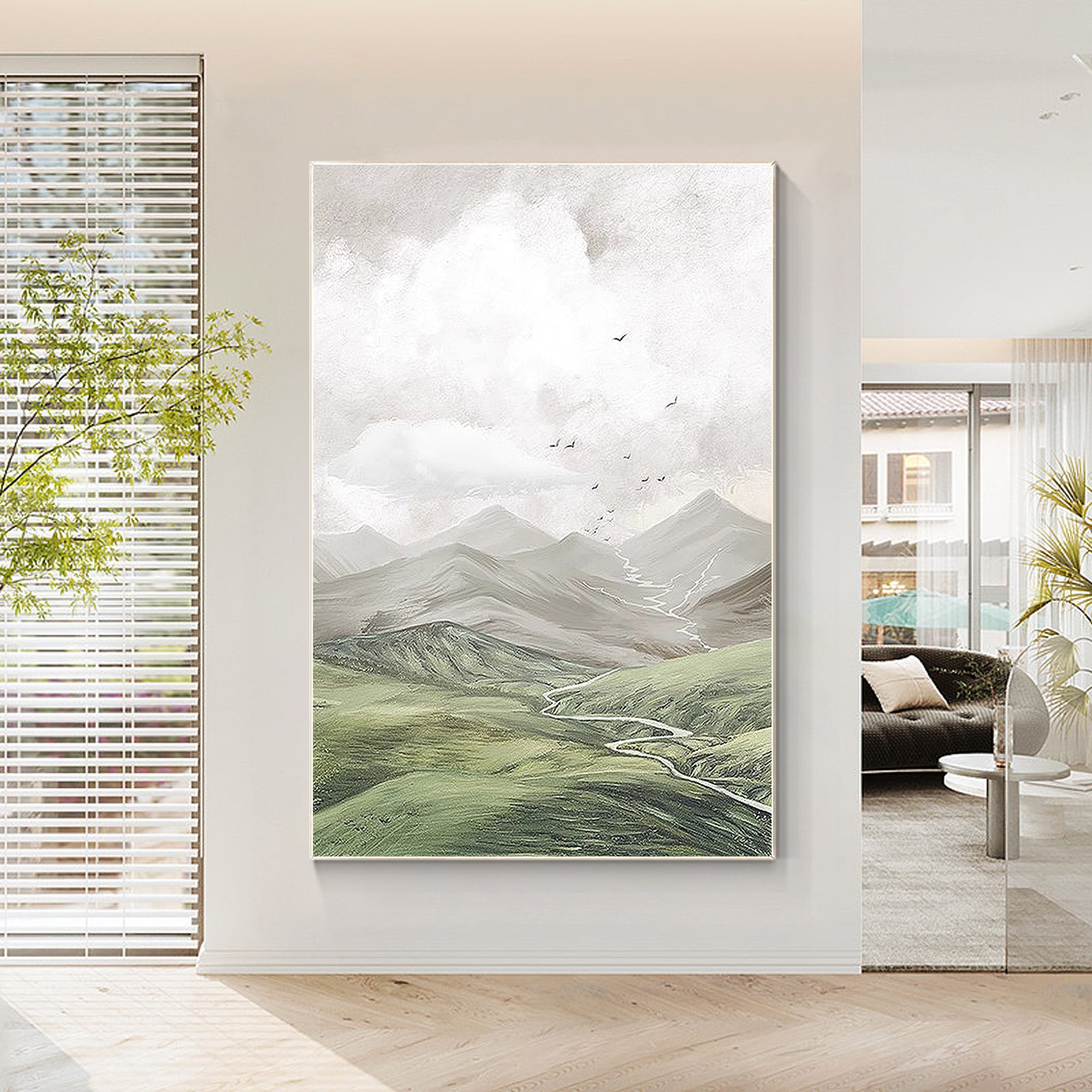 Green Mountain And Cloud Painting Neutral Scenery Art