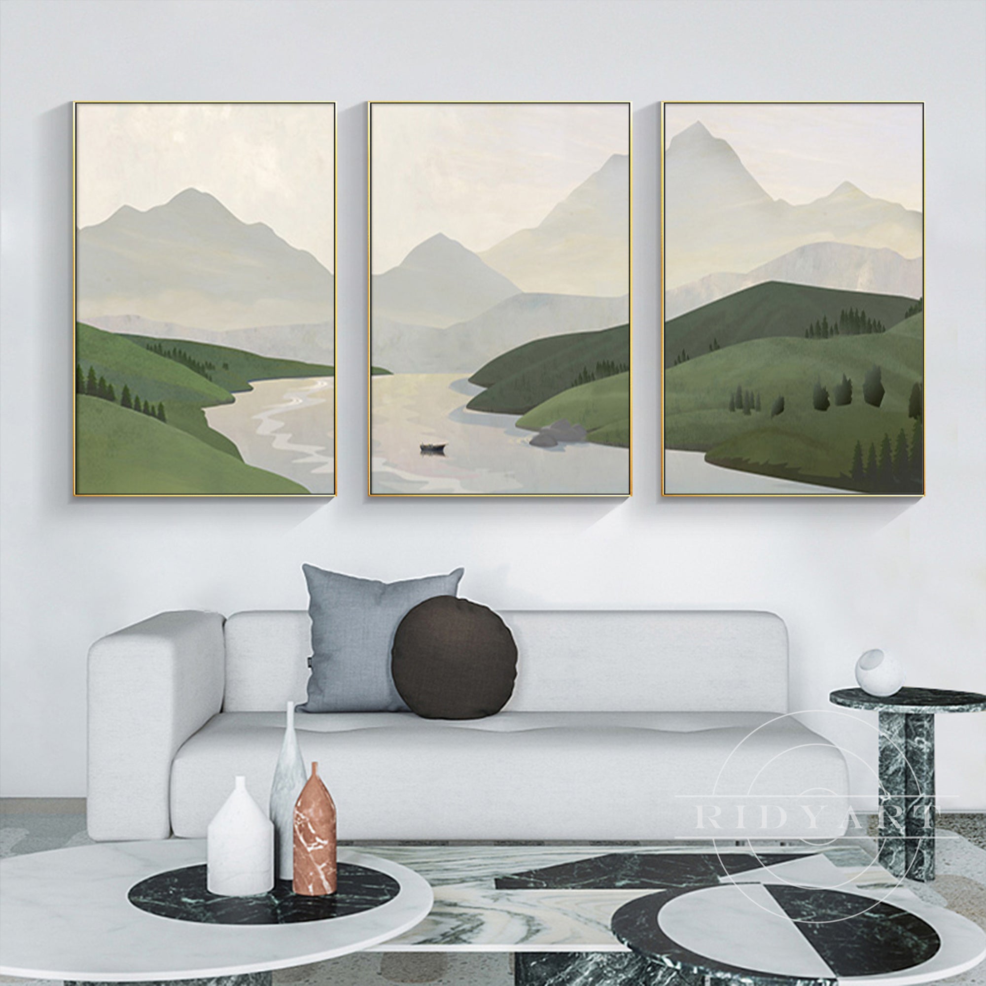 Nature landscape triptych oil painting with mountains and stream
