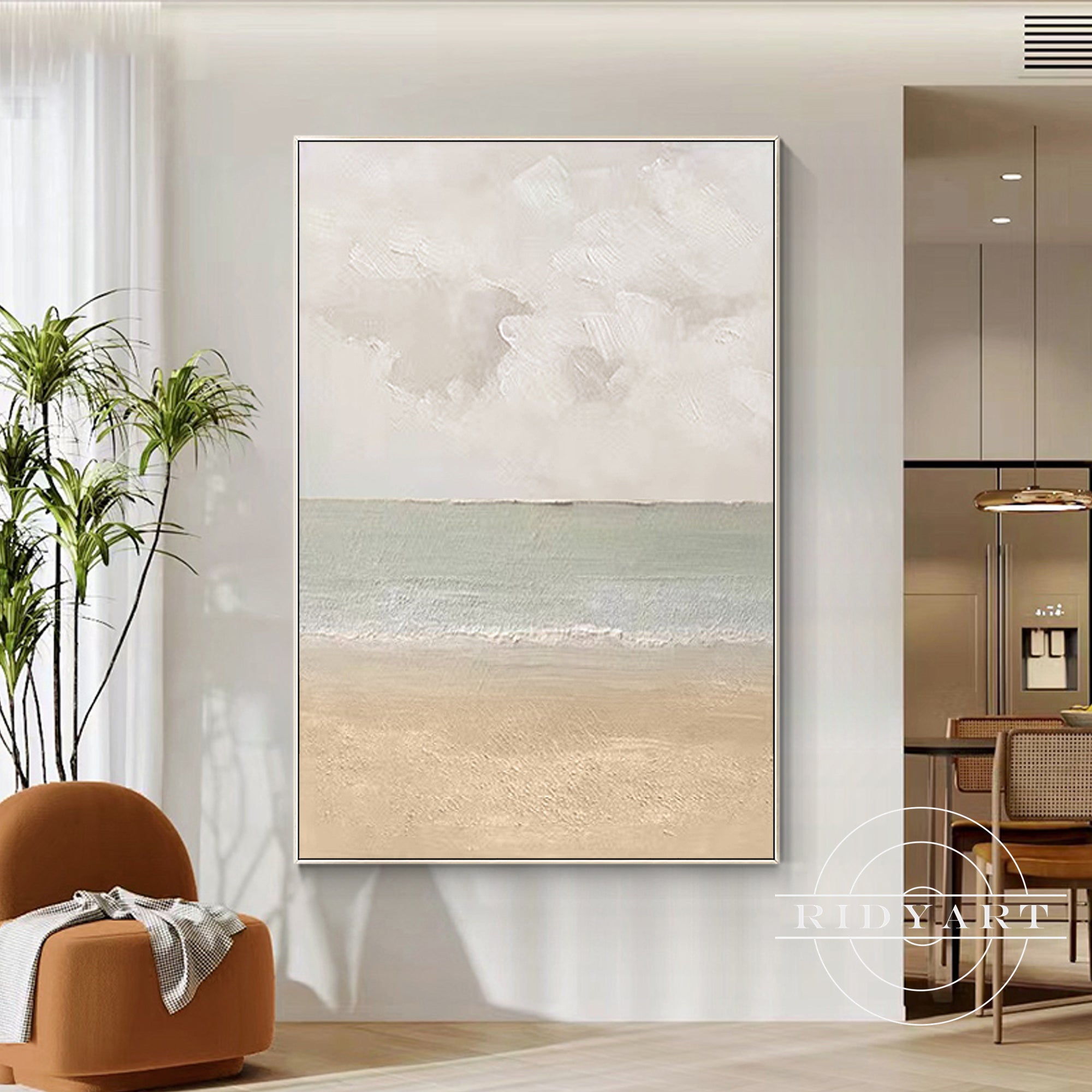 Gray, teal, and gold seaside painting