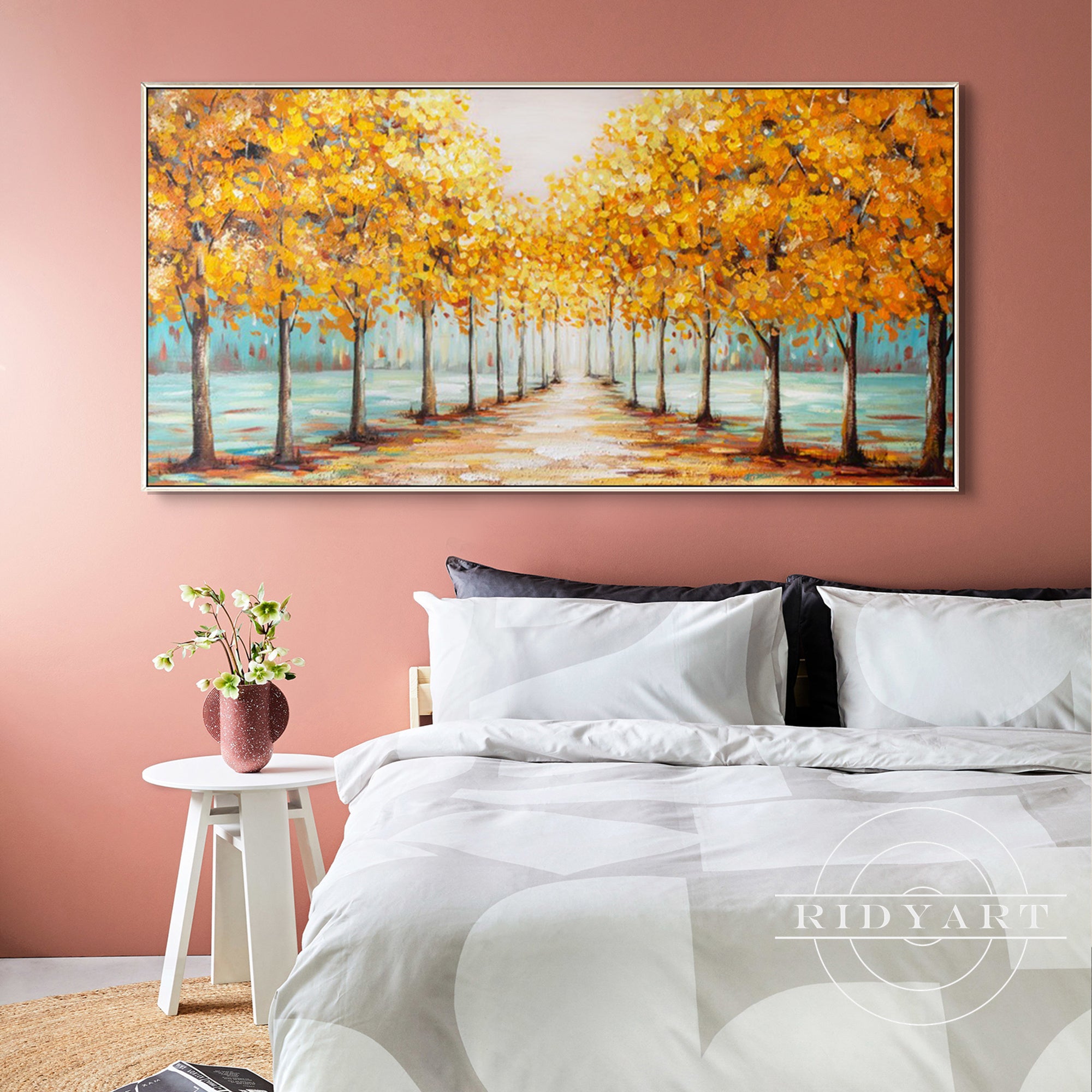 Peaceful tree-lined road artwork