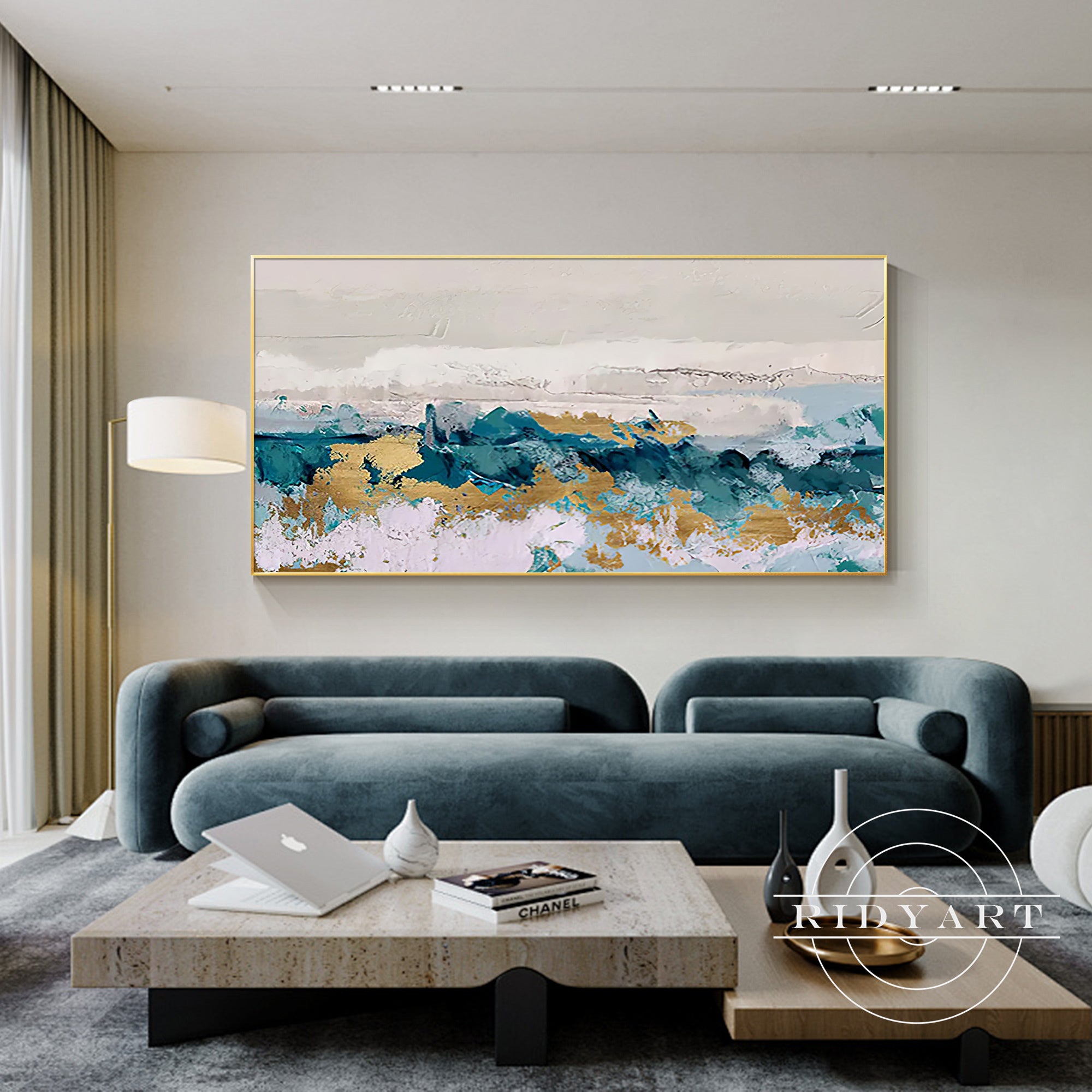 Turquoise and gold abstract art piece for contemporary decor