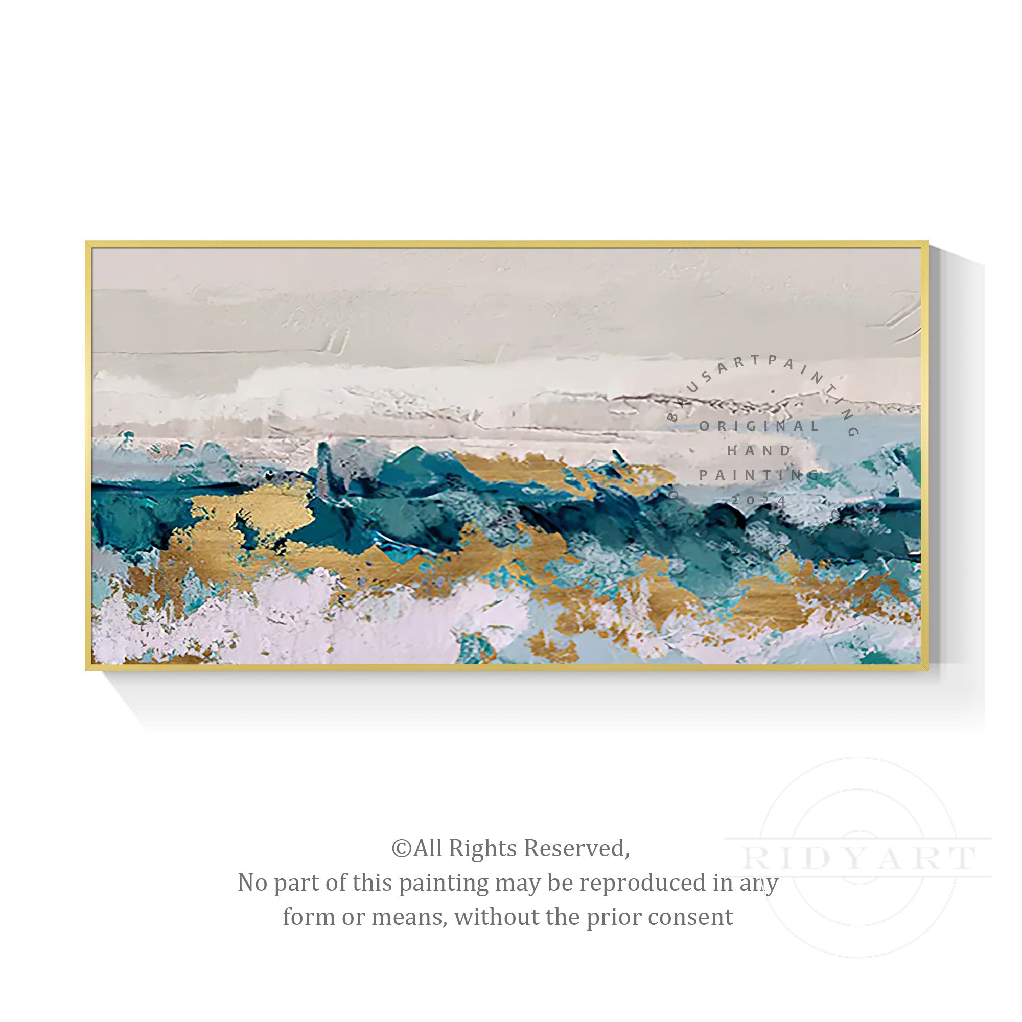 Turquoise and gold abstract art piece for contemporary decor