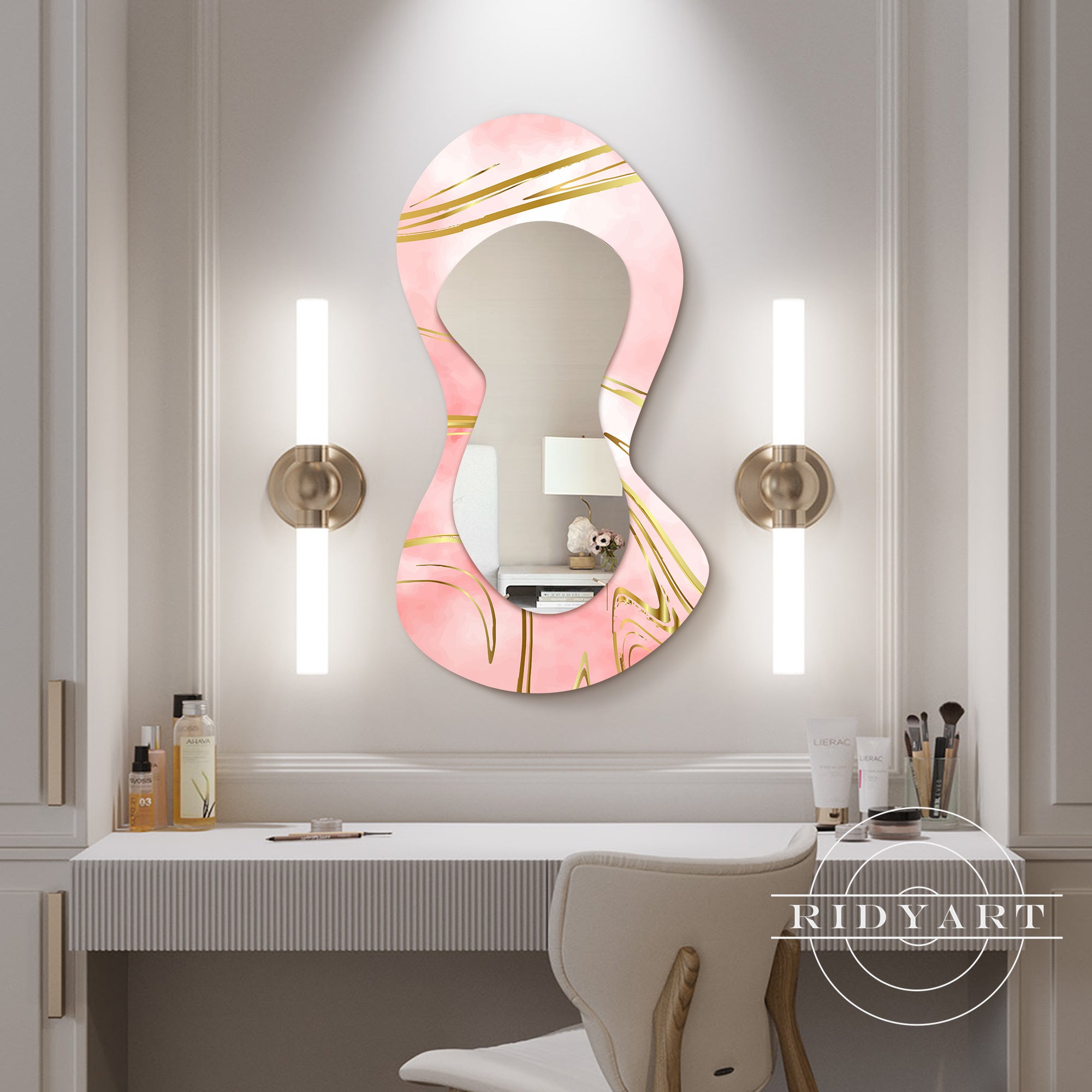 Elegant pink and gold wall mirror for bathrooms
