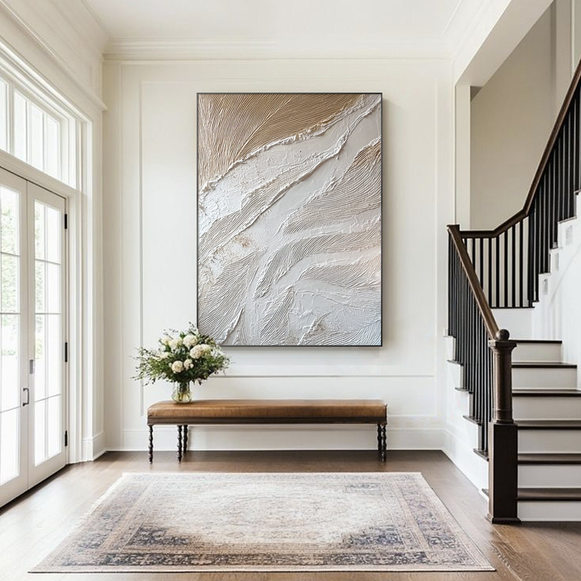Vertical abstract beige and white artwork in hallway space