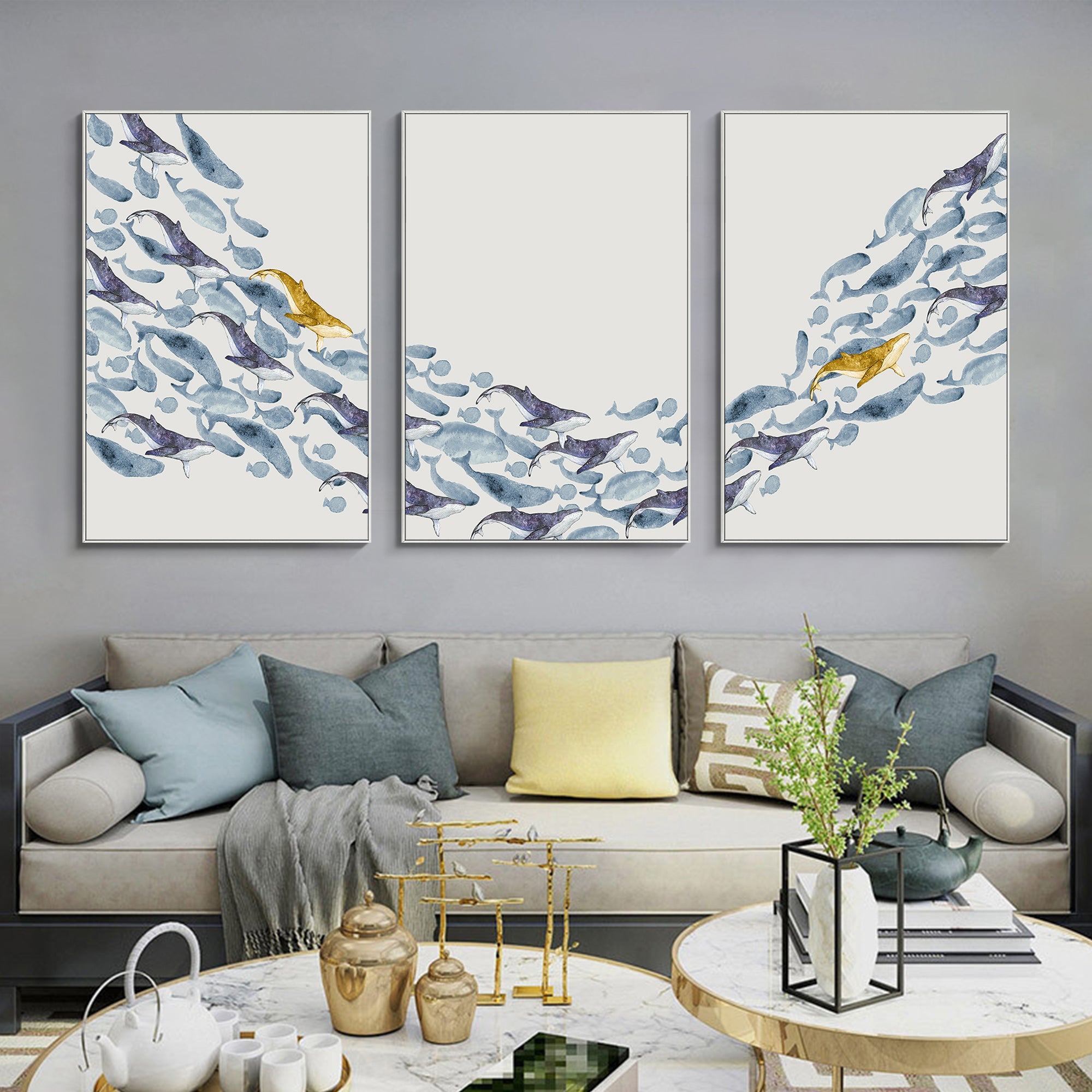 3 Pieces School Of Fish Framed Painting