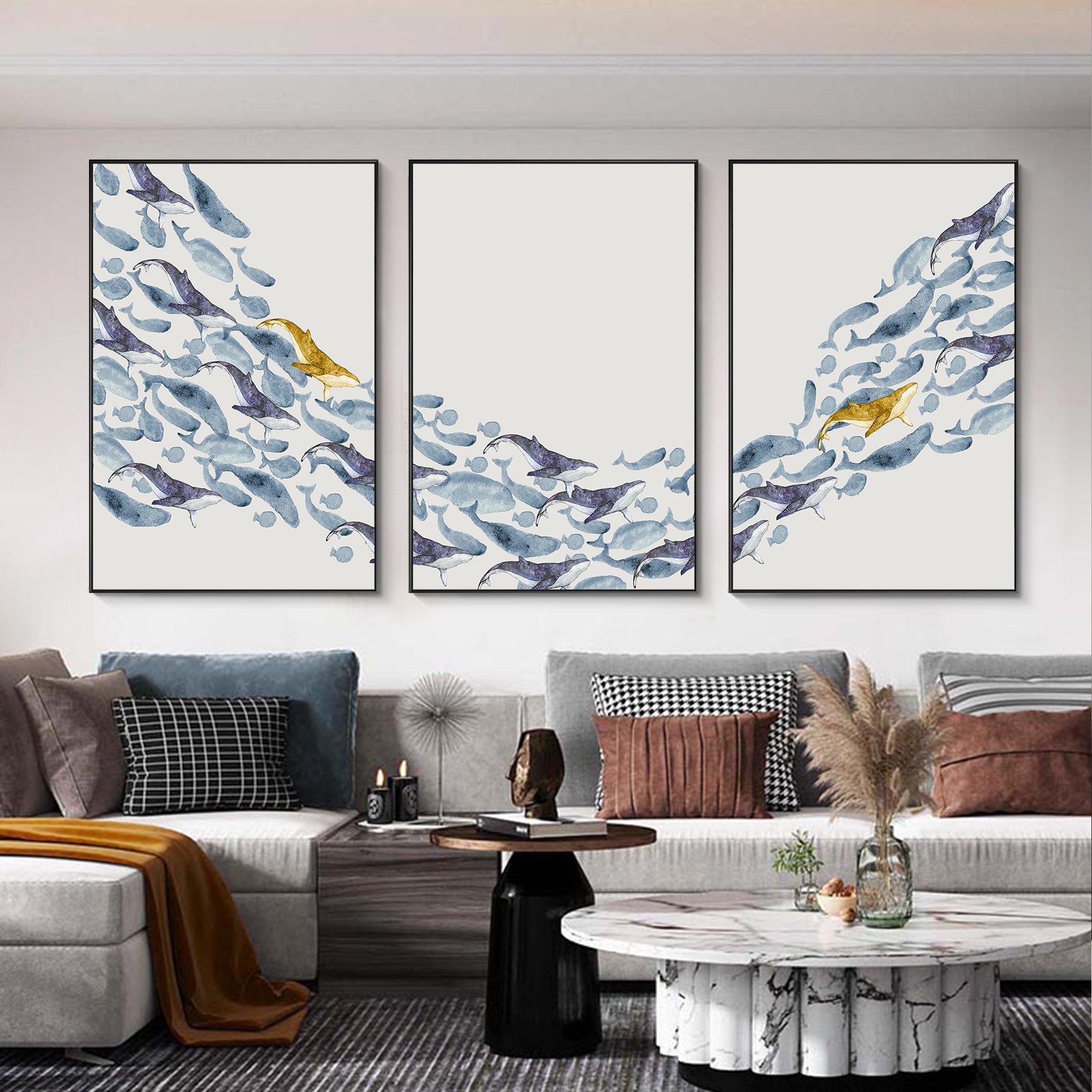 3 Pieces School Of Fish Framed Painting