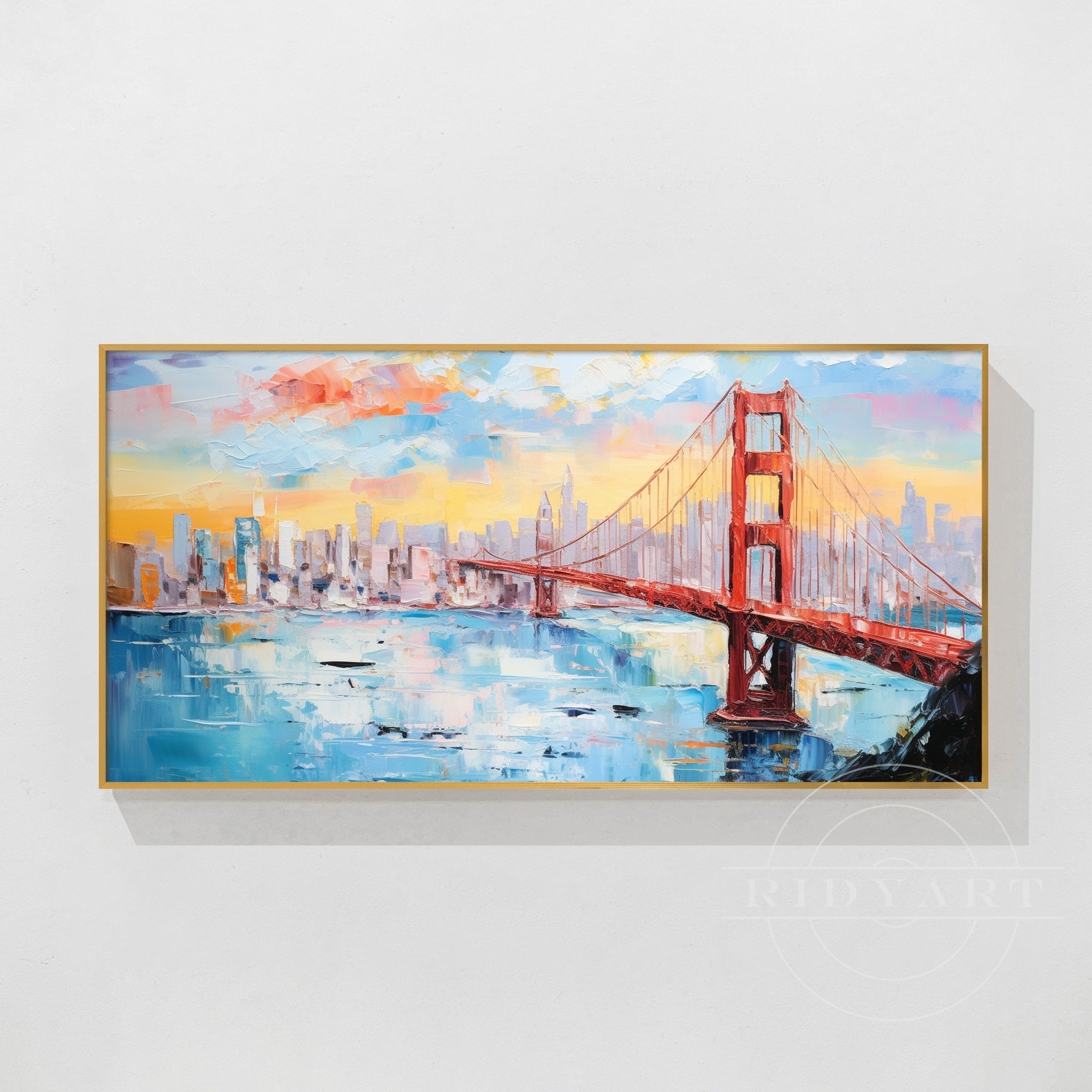 Vibrant abstract painting of the Golden Gate Bridge at sunset.