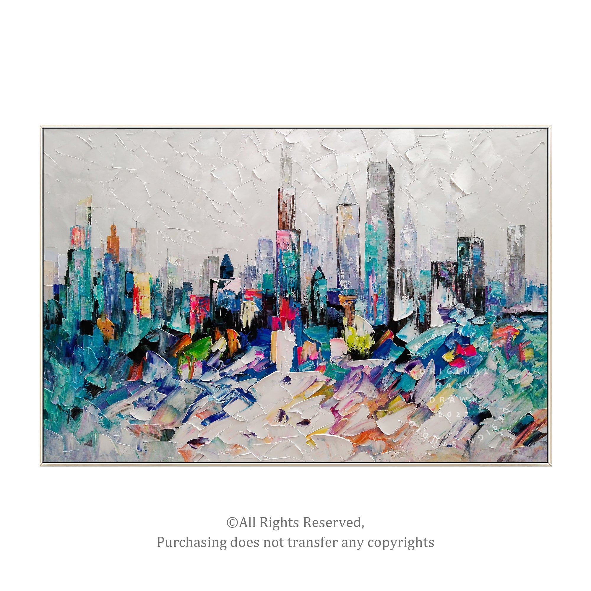 Chicago skyline oil painting Teal Colorful Art