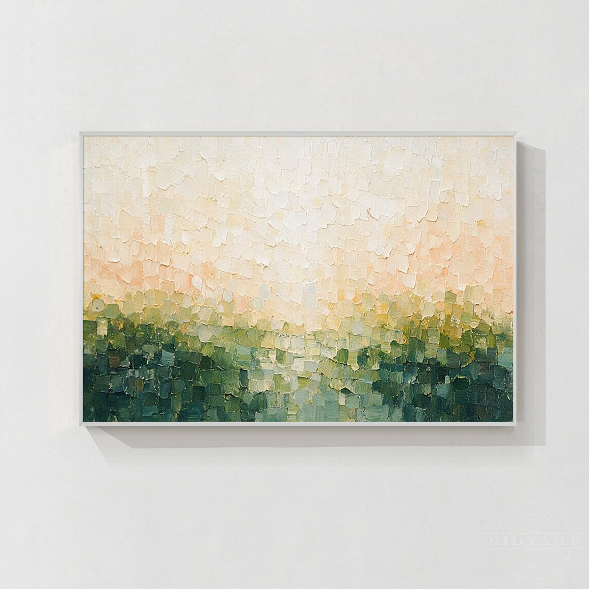 Abstract landscape oil painting with green and pastel pink impasto texture in a white frame.