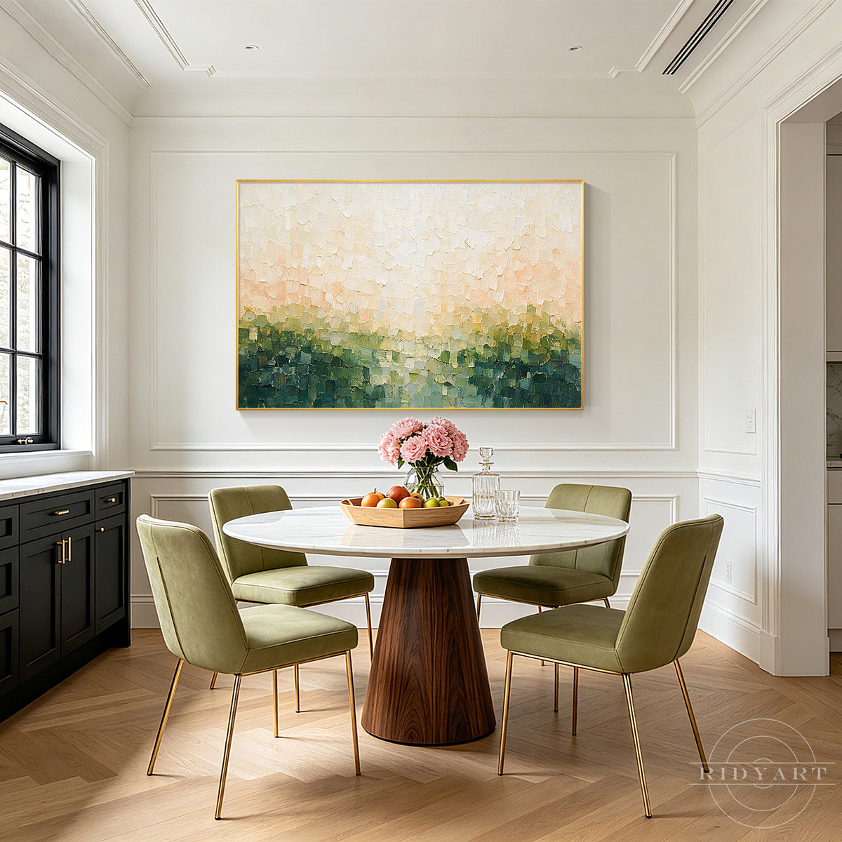Sleek modern white frame detailing on a large horizontal abstract canvas art piece.