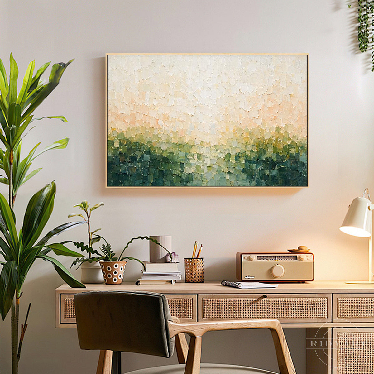 Minimalist organic wall art featuring pastel green and cream abstract painting for bedroom decor.