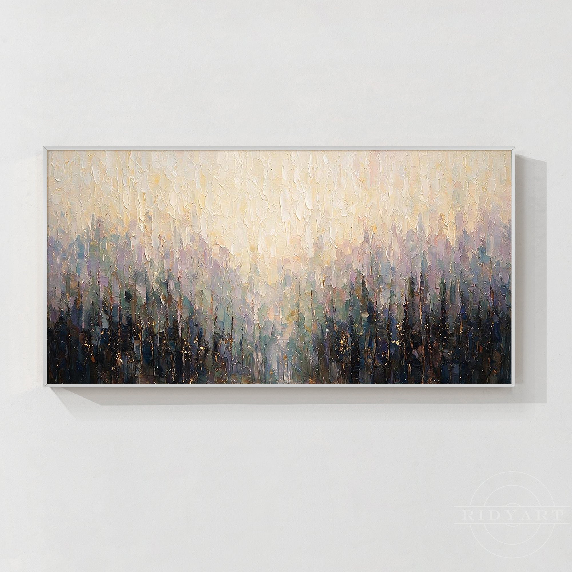 Golden abstract forest painting hanging in a modern living room