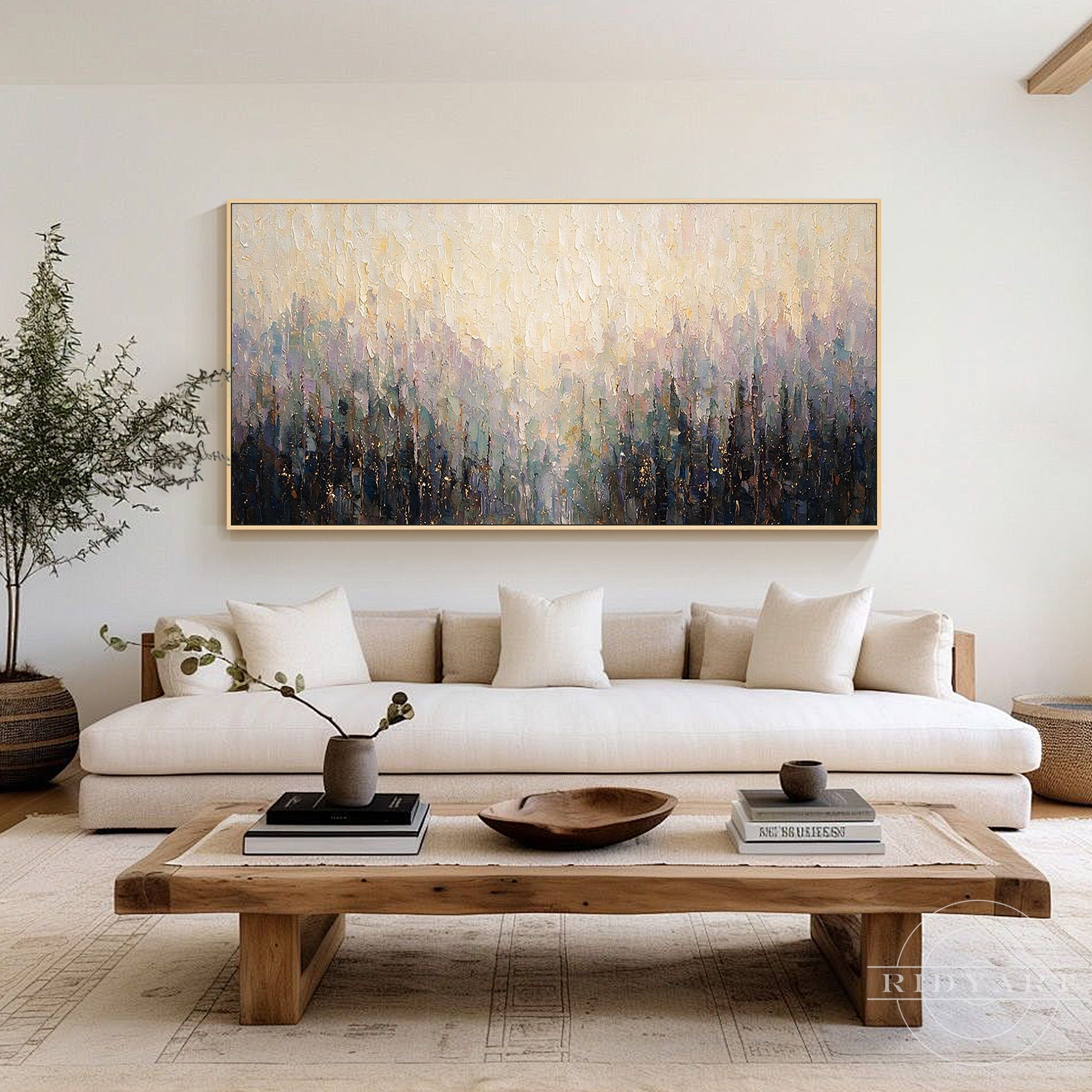 Hand-painted textured canvas art in gold, lavender, and sage tones