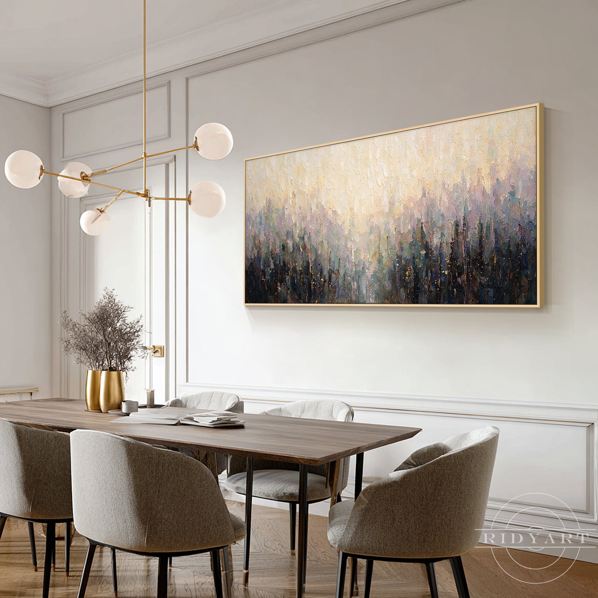 Abstract sunset painting inspired by misty trees with palette knife texture