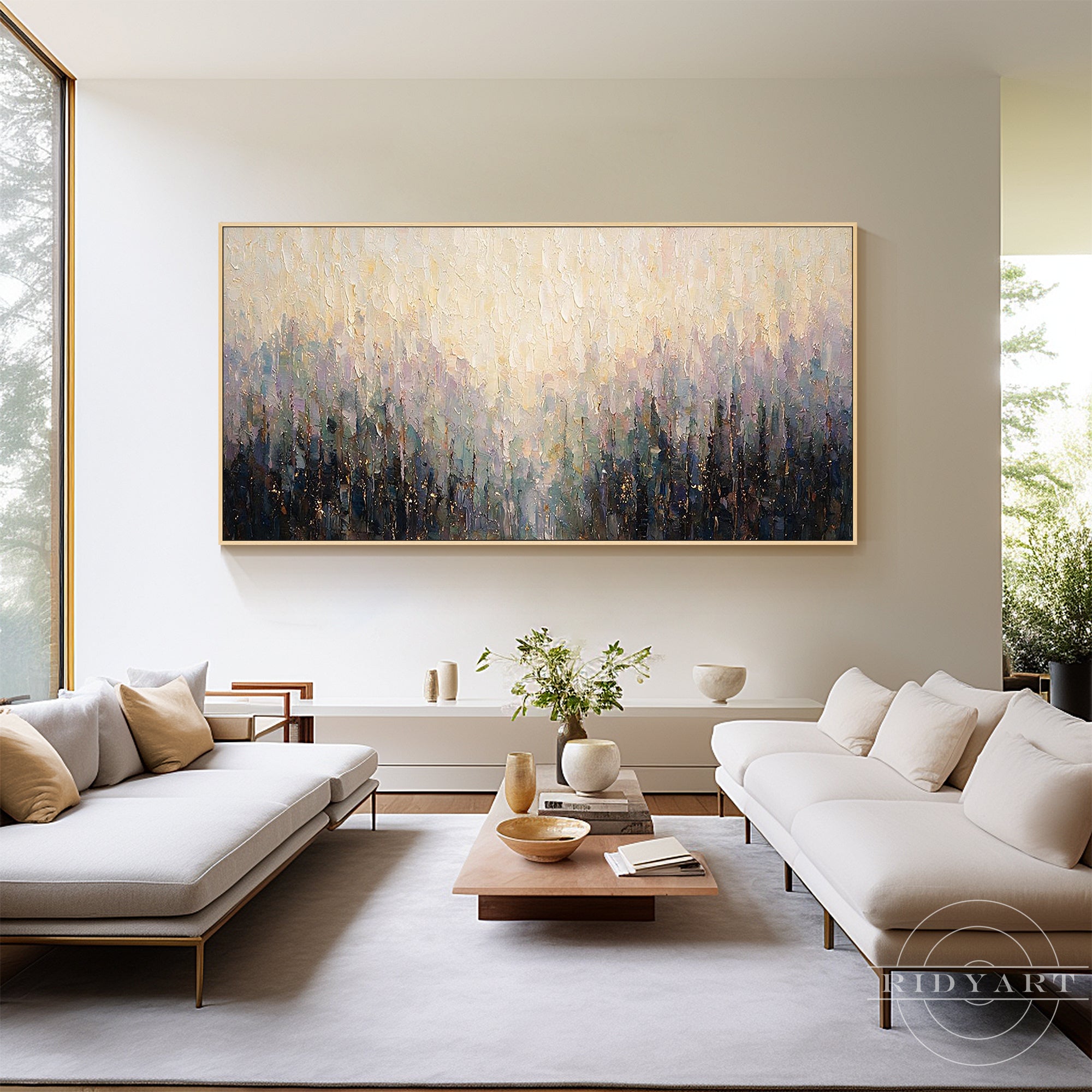 Large gold and charcoal abstract wall art in a wood frame