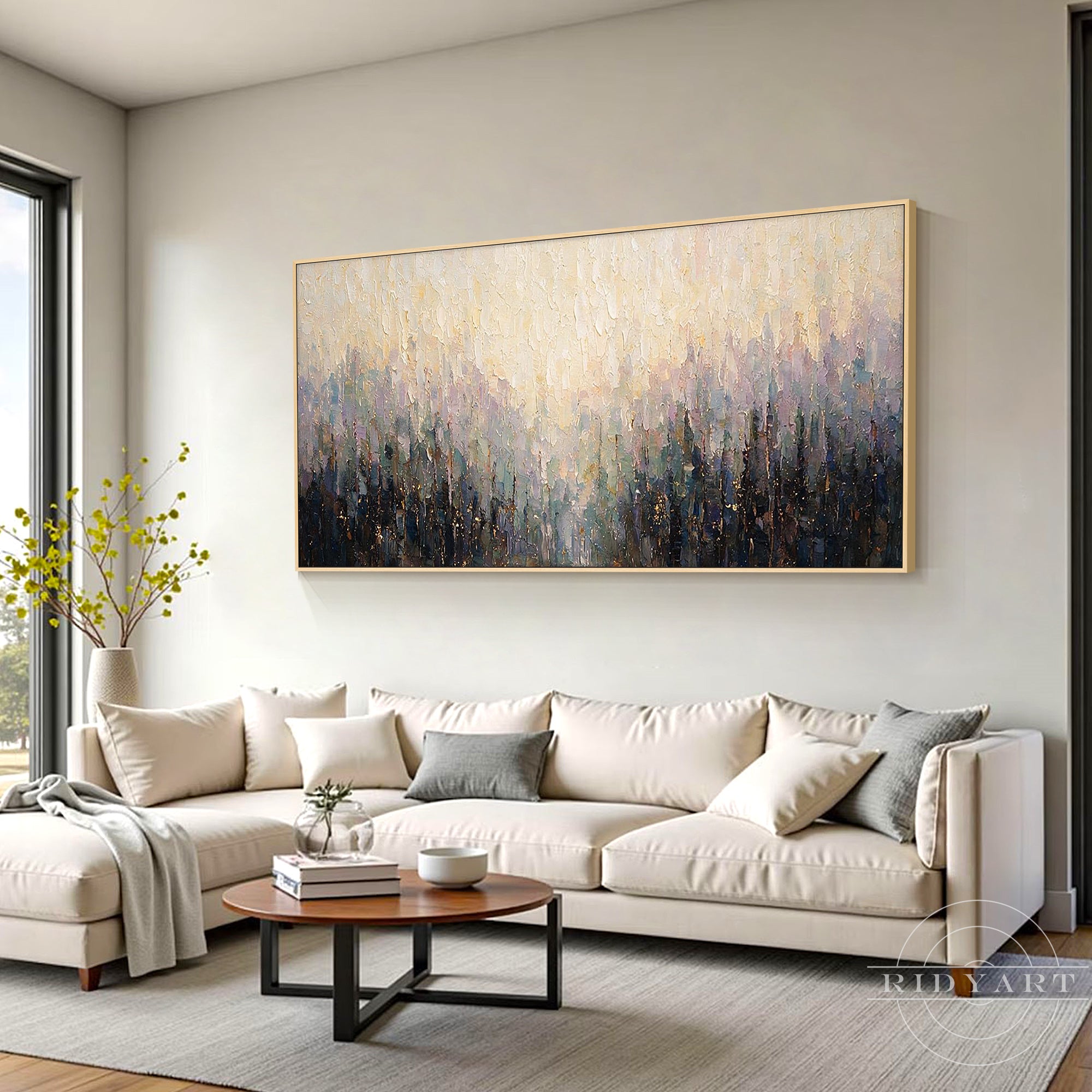 Warm abstract landscape painting with layered gold and lavender hues
