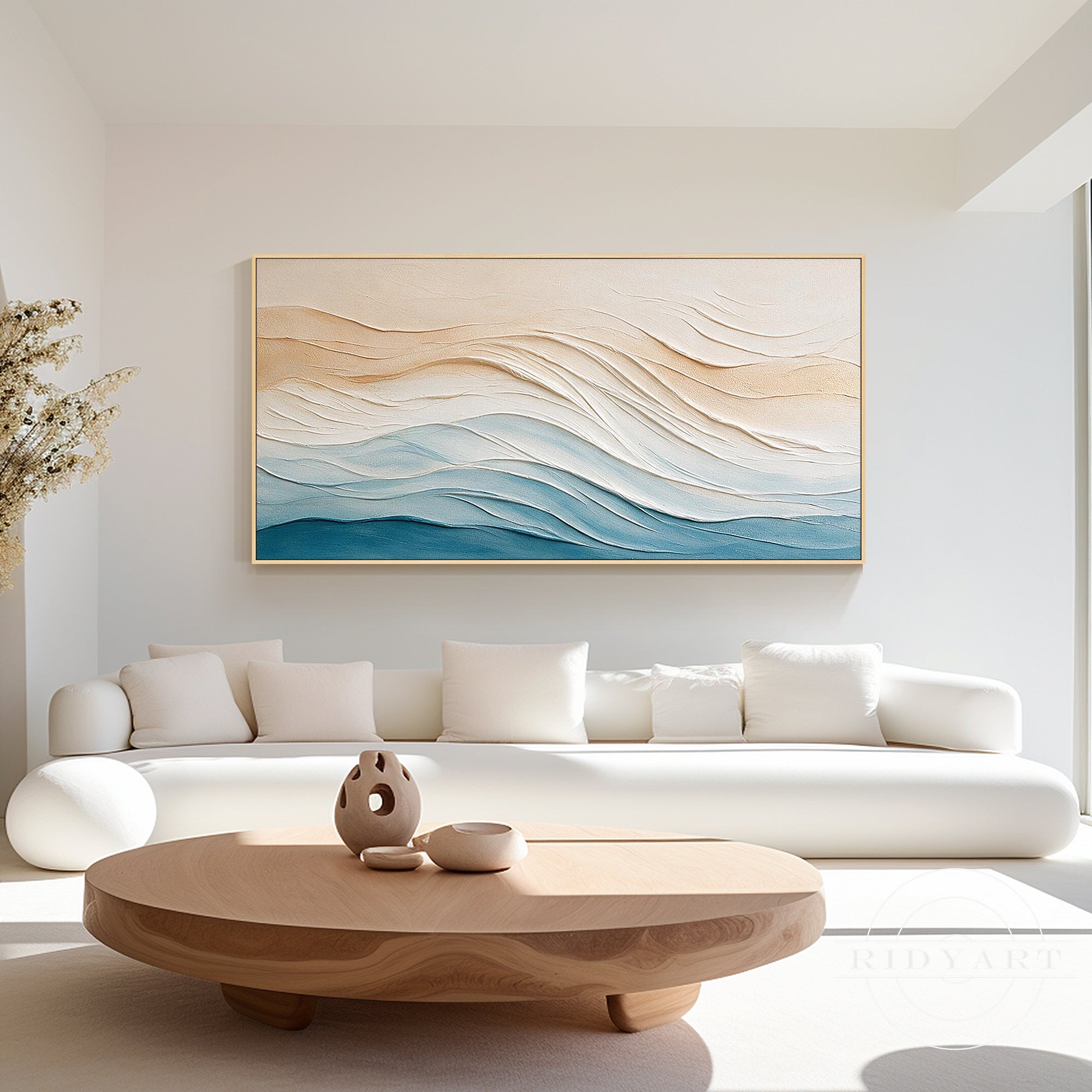 Handmade textured ocean artwork with soft beige and blue tones