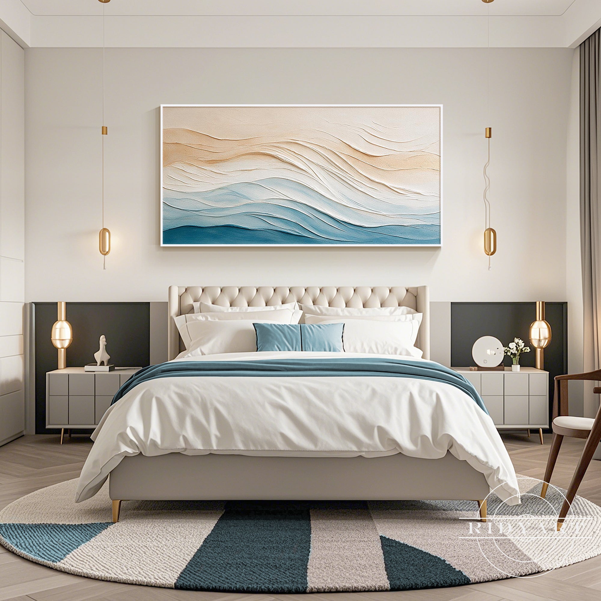 Modern ocean-inspired textured wall art in blue and cream