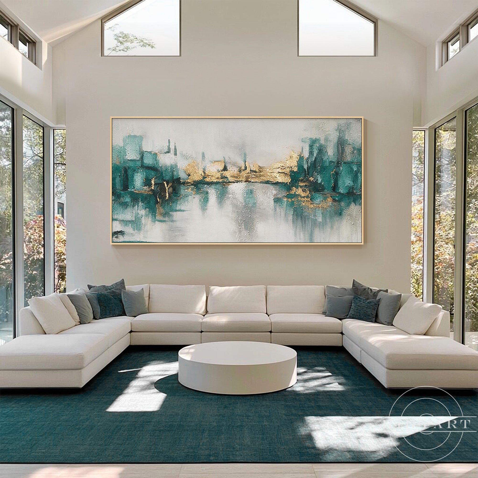 Contemporary green, grey, and gold metallic leaf abstract landscape wall decor.