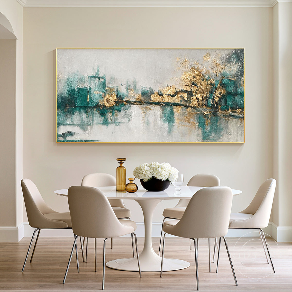 Textured hand-painted gold foil and teal lake landscape oil painting for bedroom decor