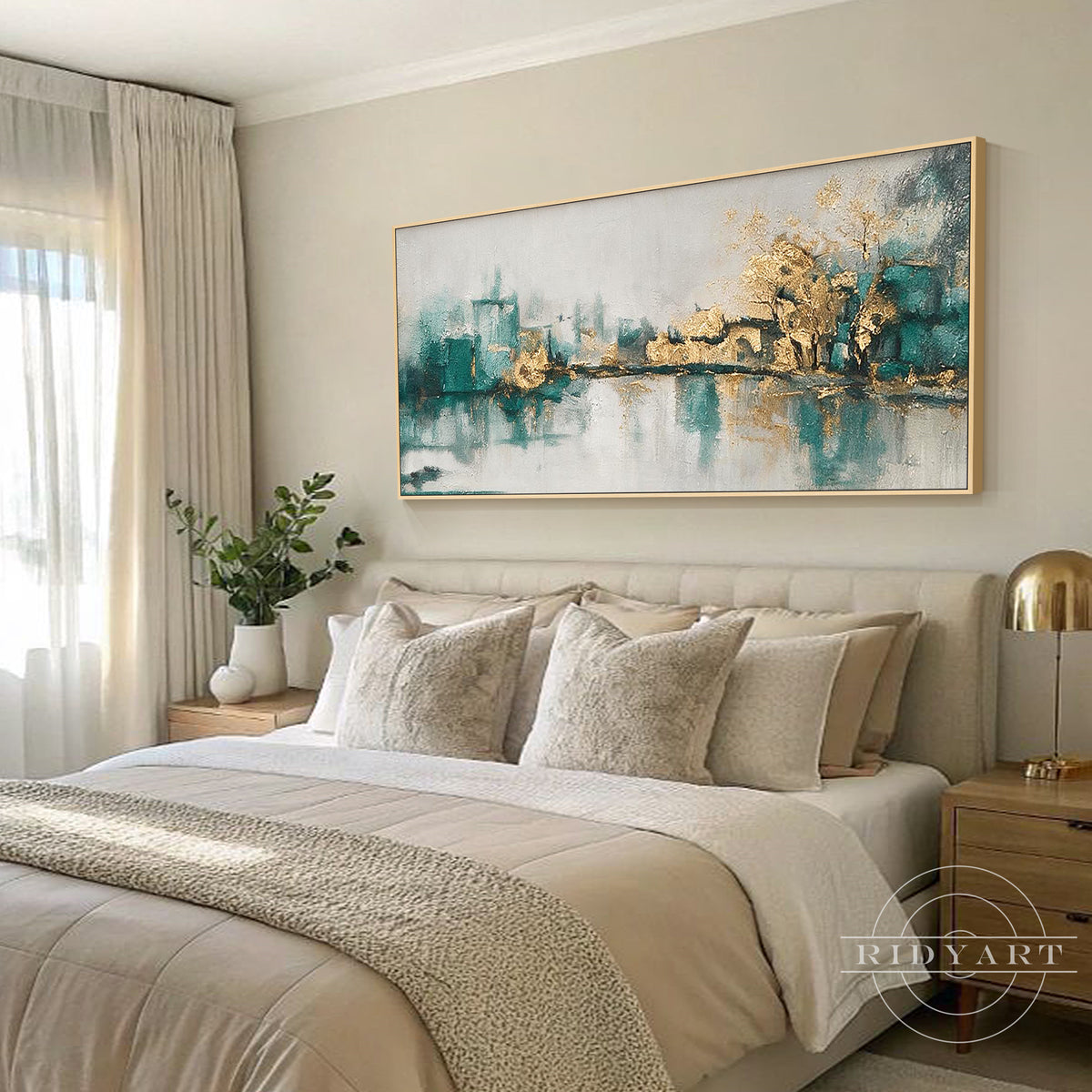 Modern living room featuring original hand-painted teal and gold abstract oil painting