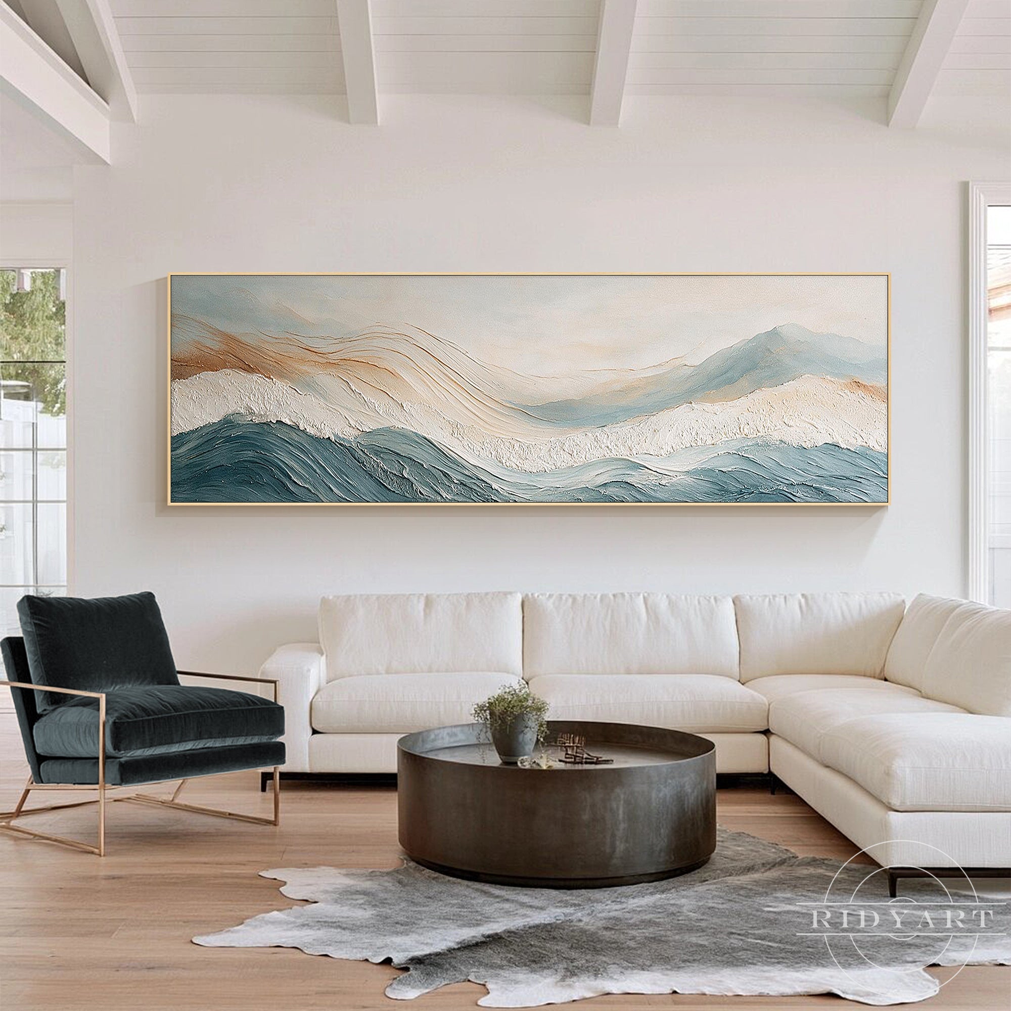 Neutral blue-gray coastal wall art with abstract waves and mountain landscape