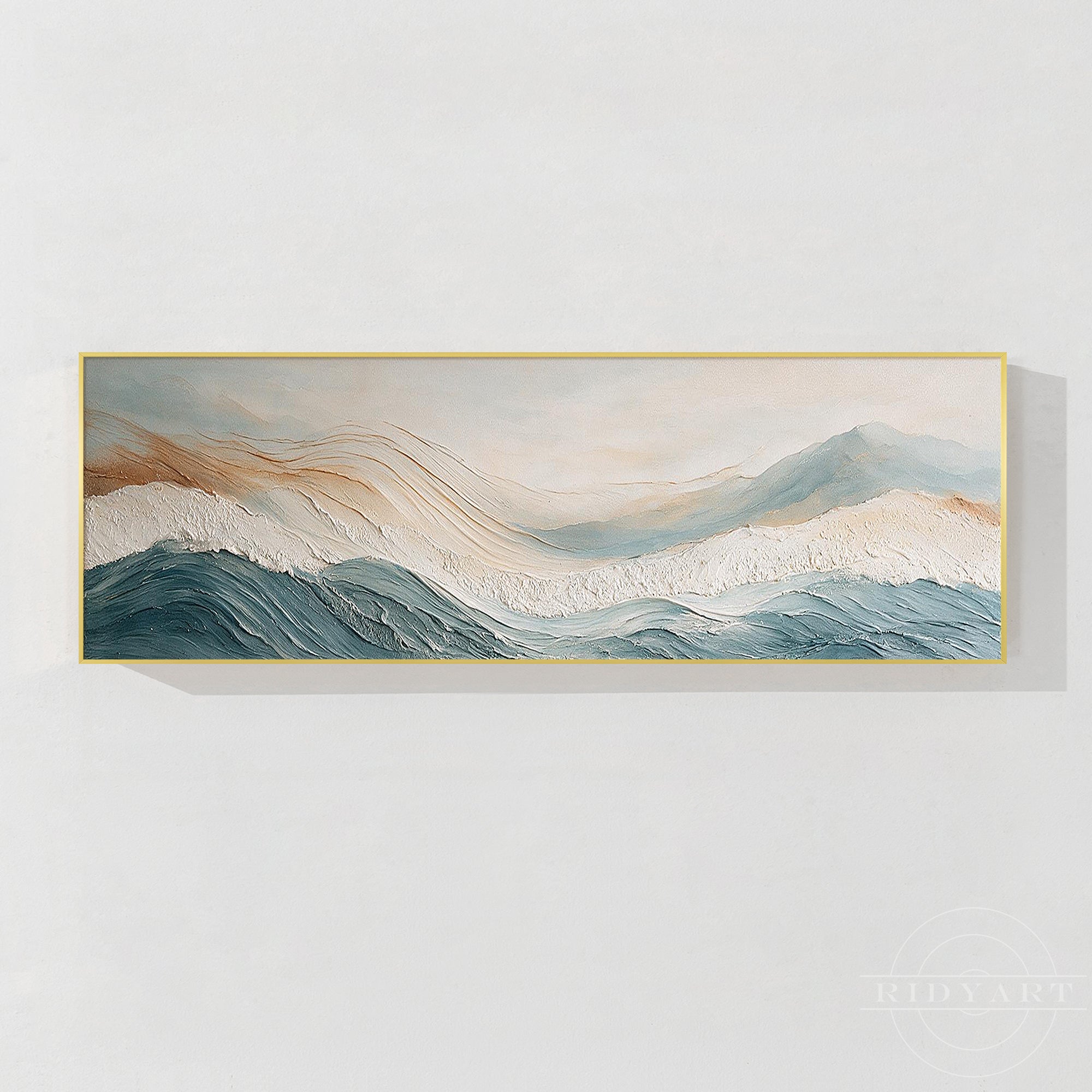 Abstract ocean wave painting with blue-gray and ivory textured waves