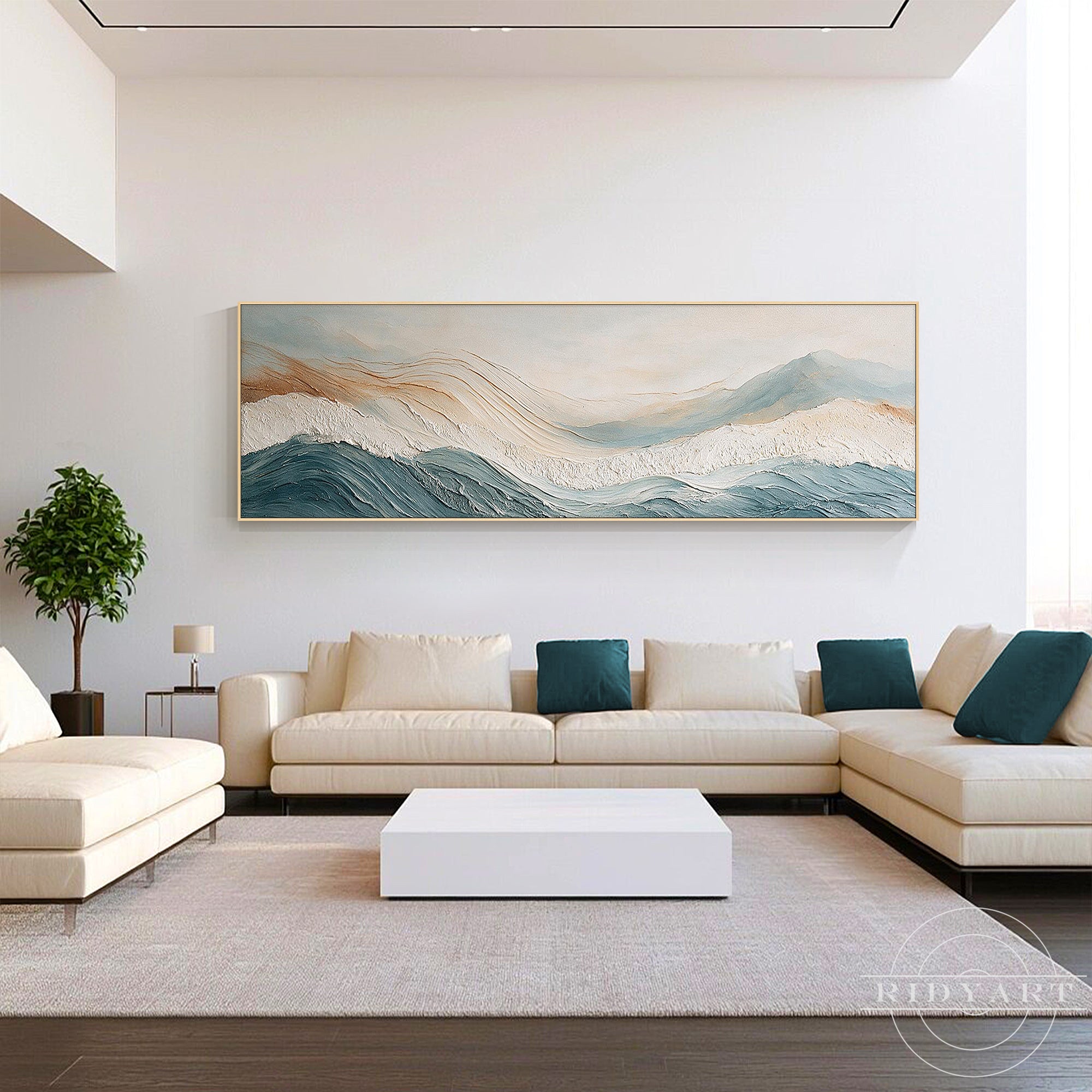 Textured seascape wall art featuring ocean waves and distant mountains