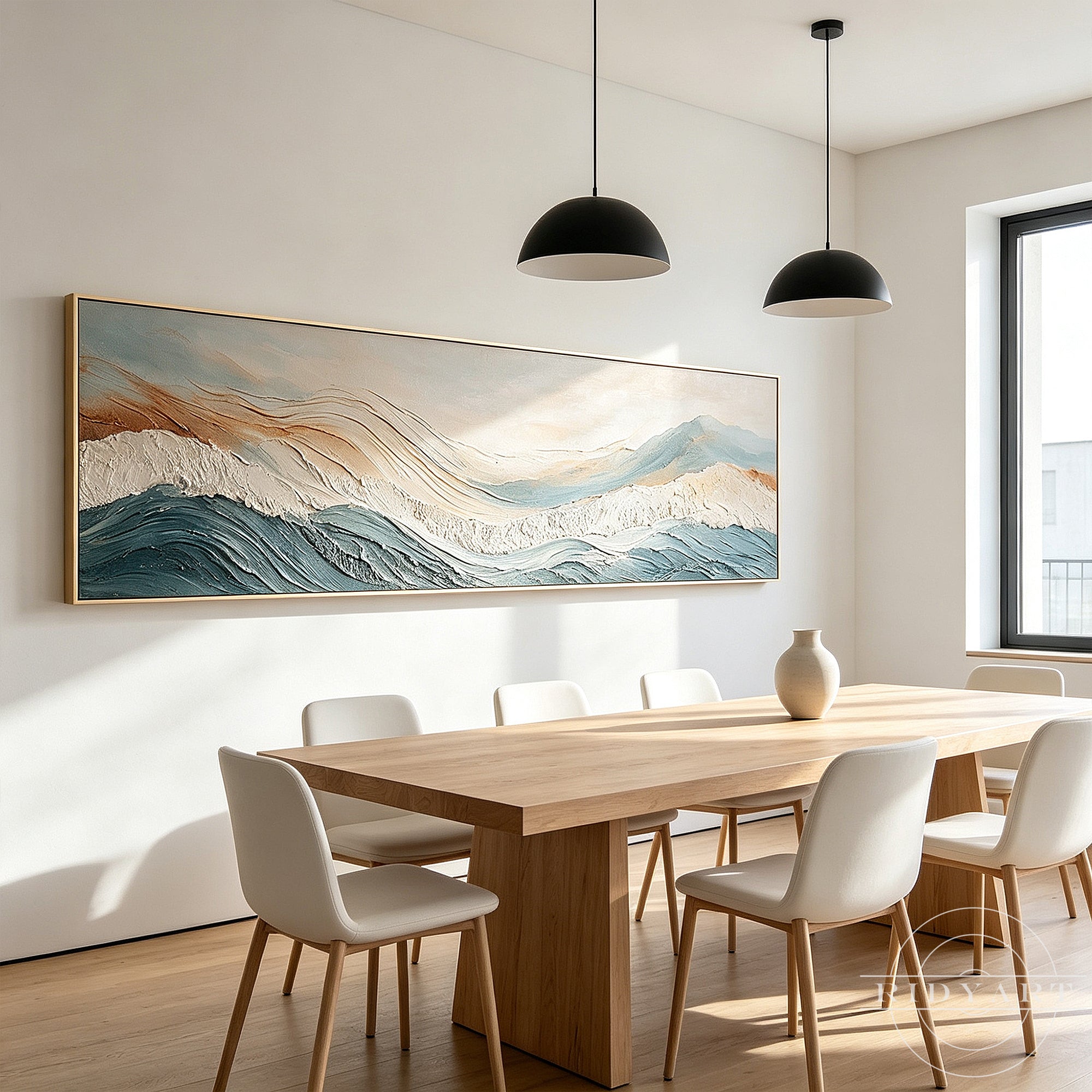 Modern textured seascape painting with layered waves and mountain horizon
