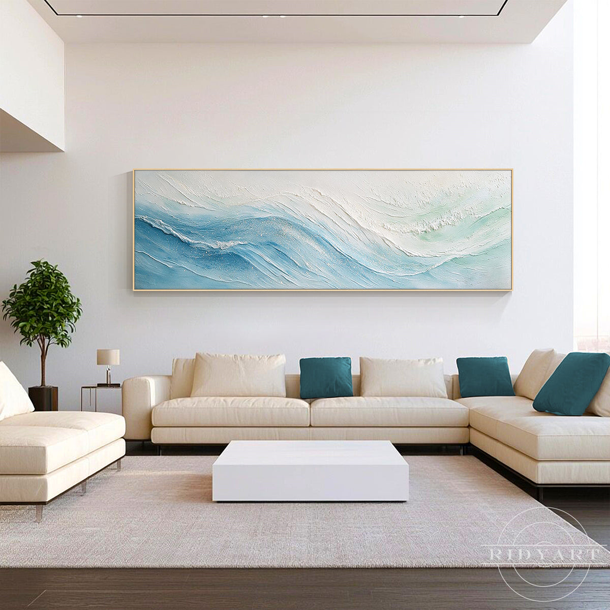 Wide horizontal blue ocean wave painting with layered 3D texture