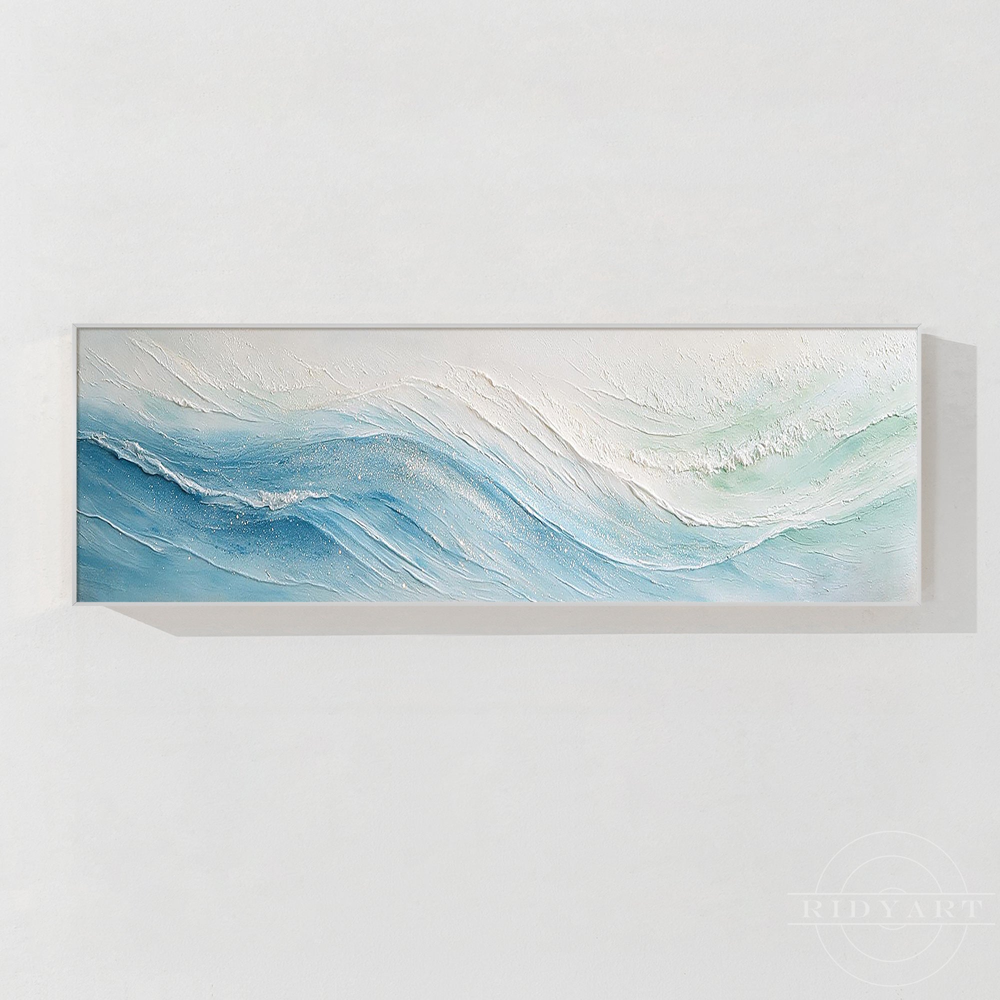 Blue abstract ocean wave painting with textured white and aqua details