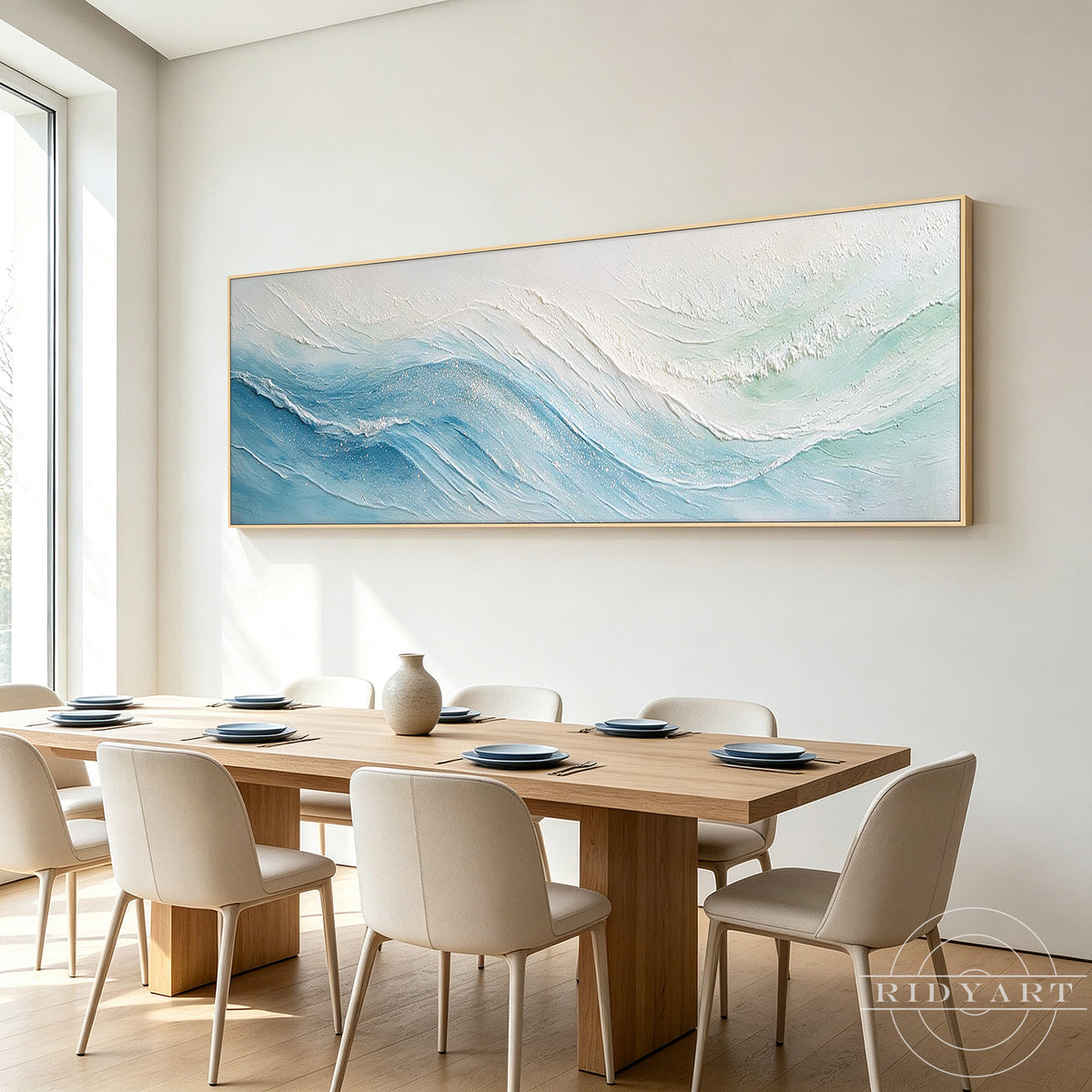 Modern abstract ocean painting in blue, white and soft seafoam green